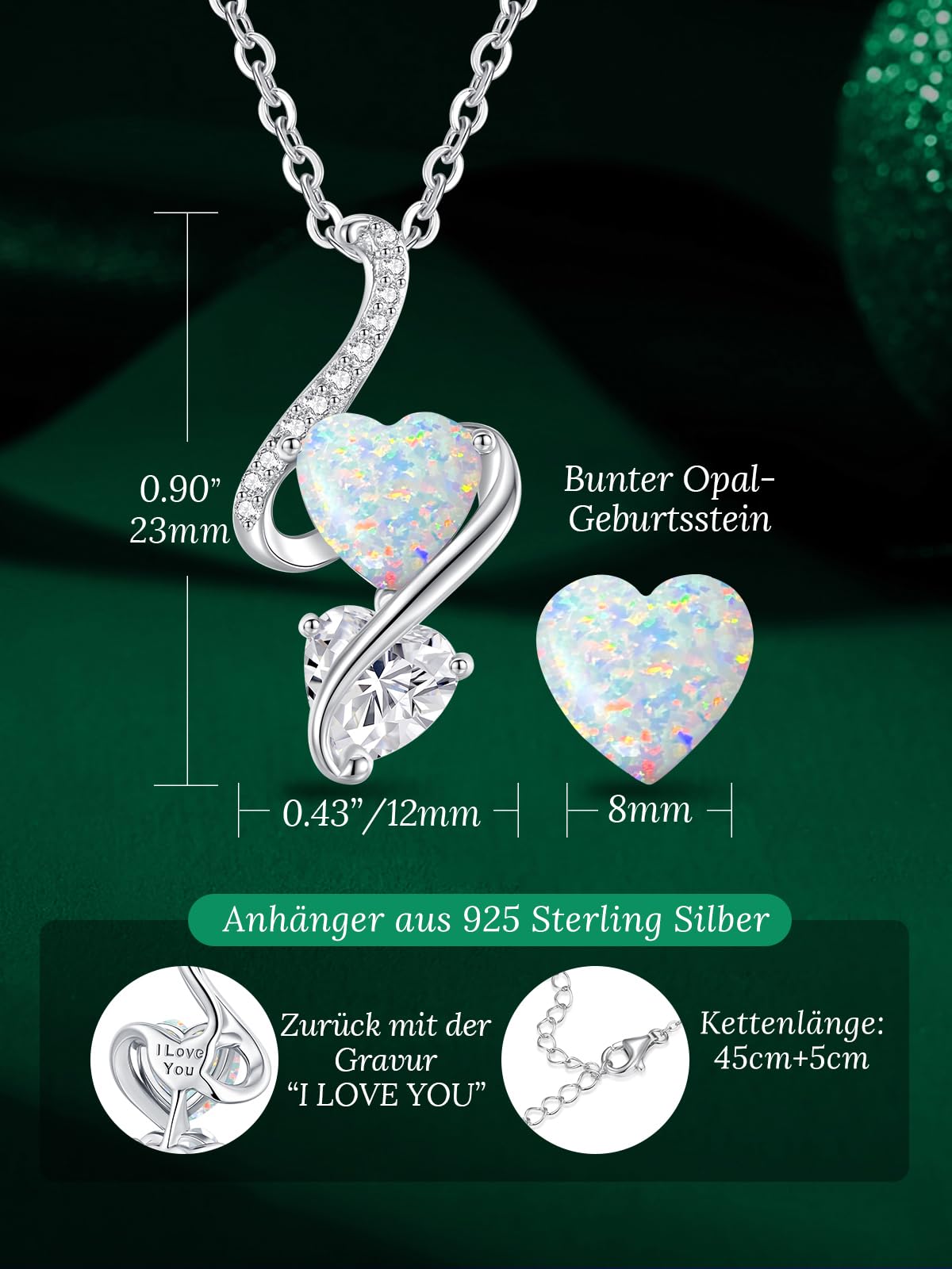 LOUISA SECRET Opal Halskette Unendlichkeits-Doppelherz Halskette 925 Silber | 925 Sterling Silber Kette Damen Brithday Schmuck Geschenk Valentinstag Weihnachtstag Geschenk für Sie Frauen Freundin mama