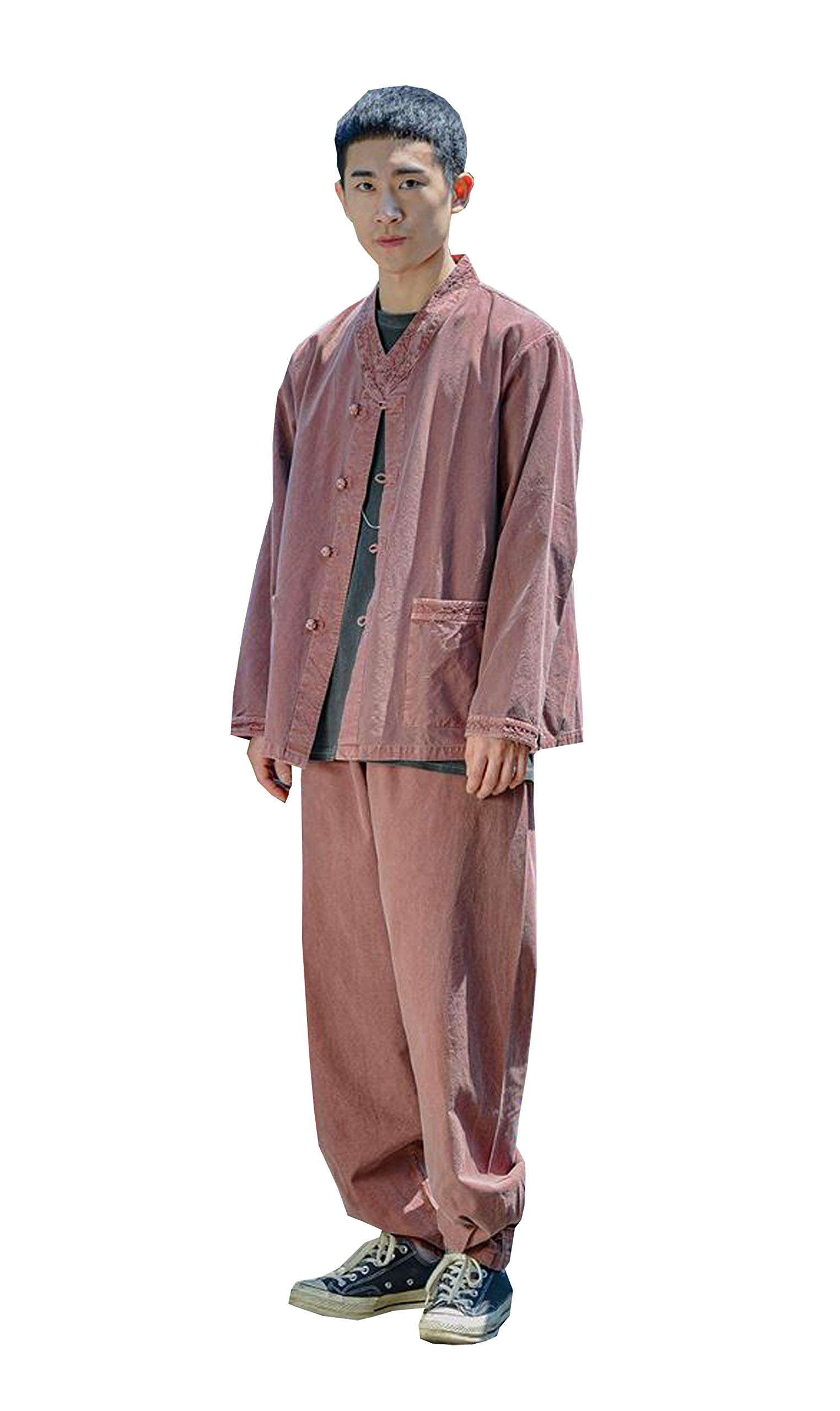 limemomoModern Hanbok Man Woman Daily Comfortable Clothes 100% Cotton Washed Casual V-Neck Jacket and Pants Set BROWN 10042