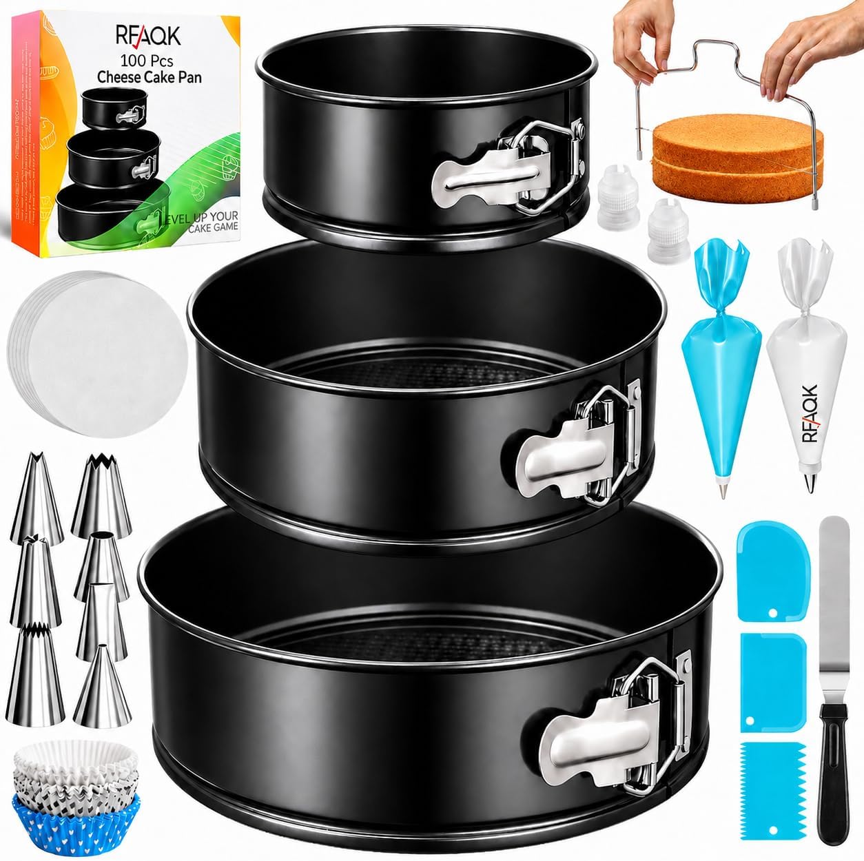 RFAQK Cake Tins for Baking 100 Pcs Springform Cake Tins Kit Includes 3 Round Non-Stick Cake Pan (4,7,9 inches Baking Tins)-Piping Bags and Nozzles-Leveler–Leak Proof Cheesecake Tin-Bakeware & EBook…