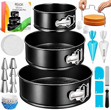 RFAQK 100pcs Cake Pan Sets for Baking + Cake Decorating Supplies 3 Non-Stick Springform Pans Set 4, 7, 9 inches, Icing Tips, Cake Leveler Multi-functional Leak-Proof CheeseCake Pan & eBook