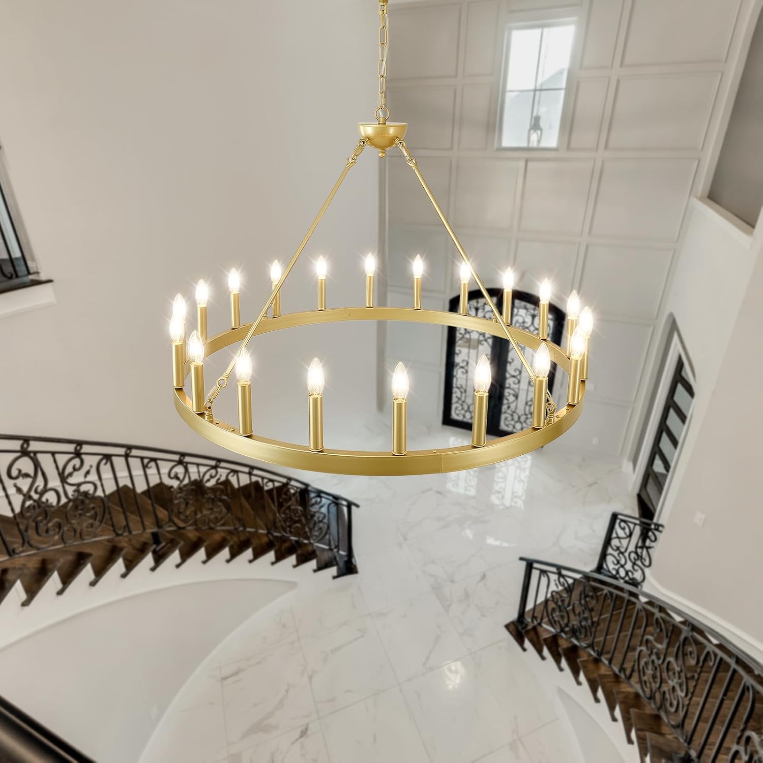 Gold Wagon Wheel Chandelier 40”, 20-Light Farmhouse Wagon Wheel Chandelier for Dining Room, Modern Round Iron Candle Chandeliers Light Fixture for Living Room, Foyer, Entryway, E12