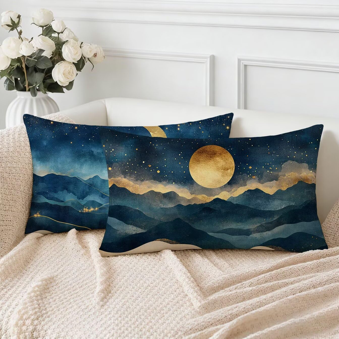 Cojines Sofa Luna, Funda Cojin 60x120 Terciopelo Juego de 2 Cojines Exterior Impermeable, Azul Marino Funda Almohada, Fundas Cojin para Decorativos Salon Dormitorio Sofá Balcones Jardin k-910