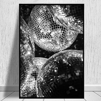 Black White Disco Ball Wall Art Vintage Bar Prints Black and White Fashion Pictures Retro Trendy Poster Funky Vintage Print 70s Disco Artwork Retro Aesthetic Poster for Party Bar Cart 16x24in Unframed