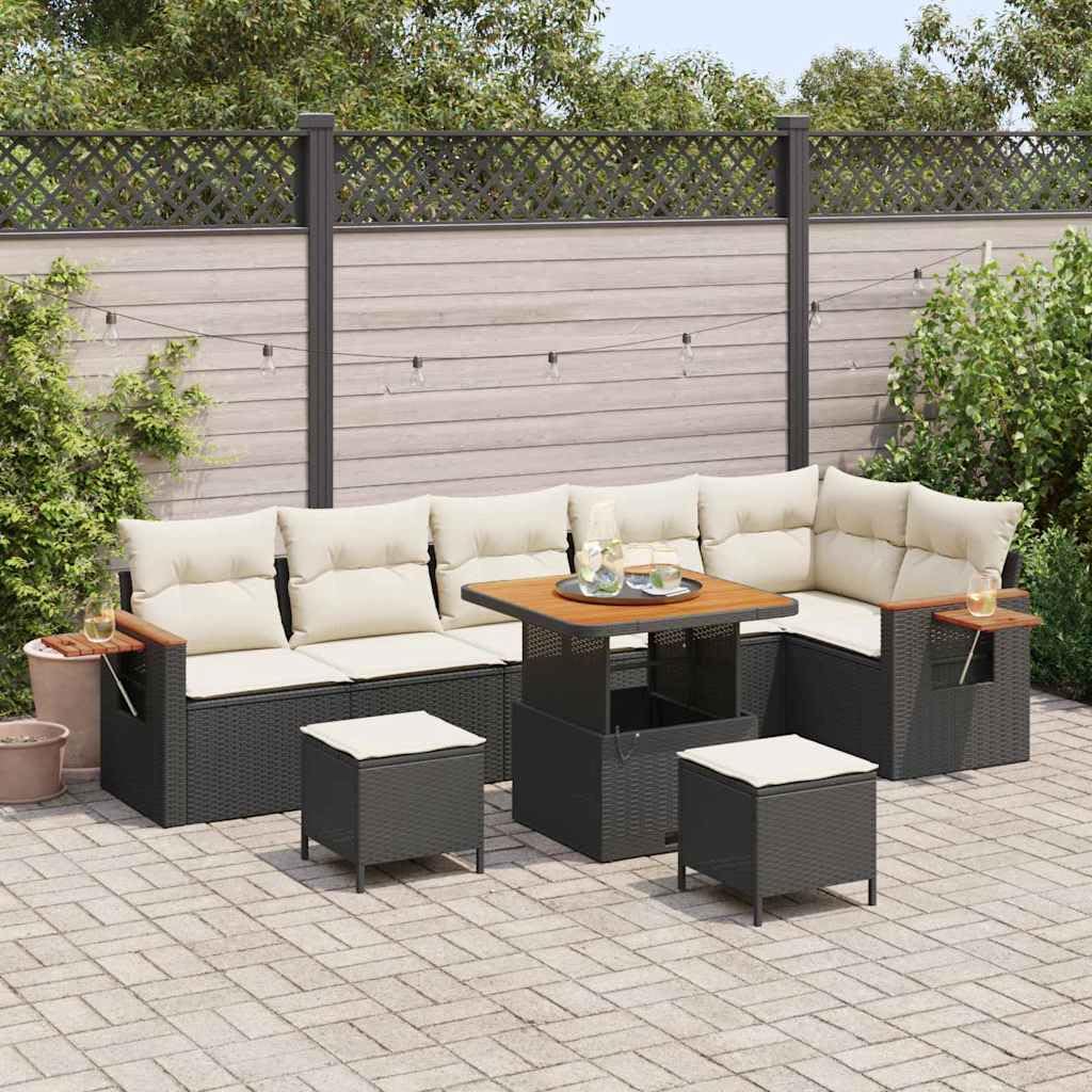 Juego de 9 sofás modulares de poliratán para jardín, color negro, con marco de acero y fundas de cojín de poliéster, para jardín, terraza, balcón