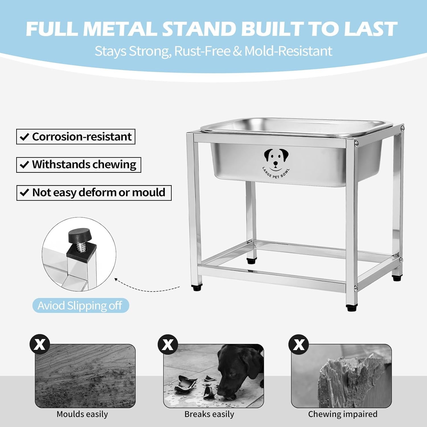 0.85 Gallon Elevated Large Dog Water Bowl, 10.23" Raised Stainless Steel Bowl for Medium Large Breed, Elevated Dog Water Bowl with Full Metal Stand, Easy to Clean and Assemble for Indoor Outdoor