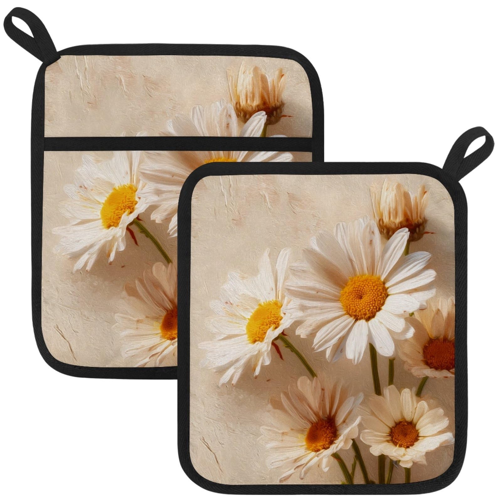 VAPOKF Daisy Flowers Heat Resistant Pot Holders, Thick Pot Holders Pad with Hanging Loop for Kitchen, Oven Cloth Pads for Kitchen Baking Microwave Oven