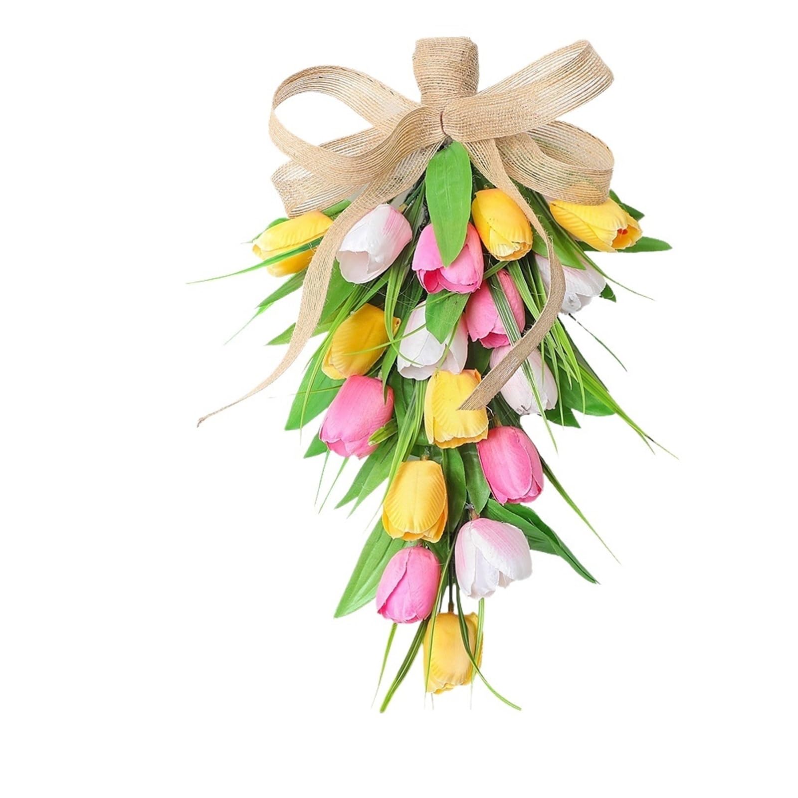Door Wreath 2pcs Handmade Artificial Tulips Flowers Teardrop Swag With Burlap Bow Spring Easter Wreath For Front Door Decor(Yellow Pink)