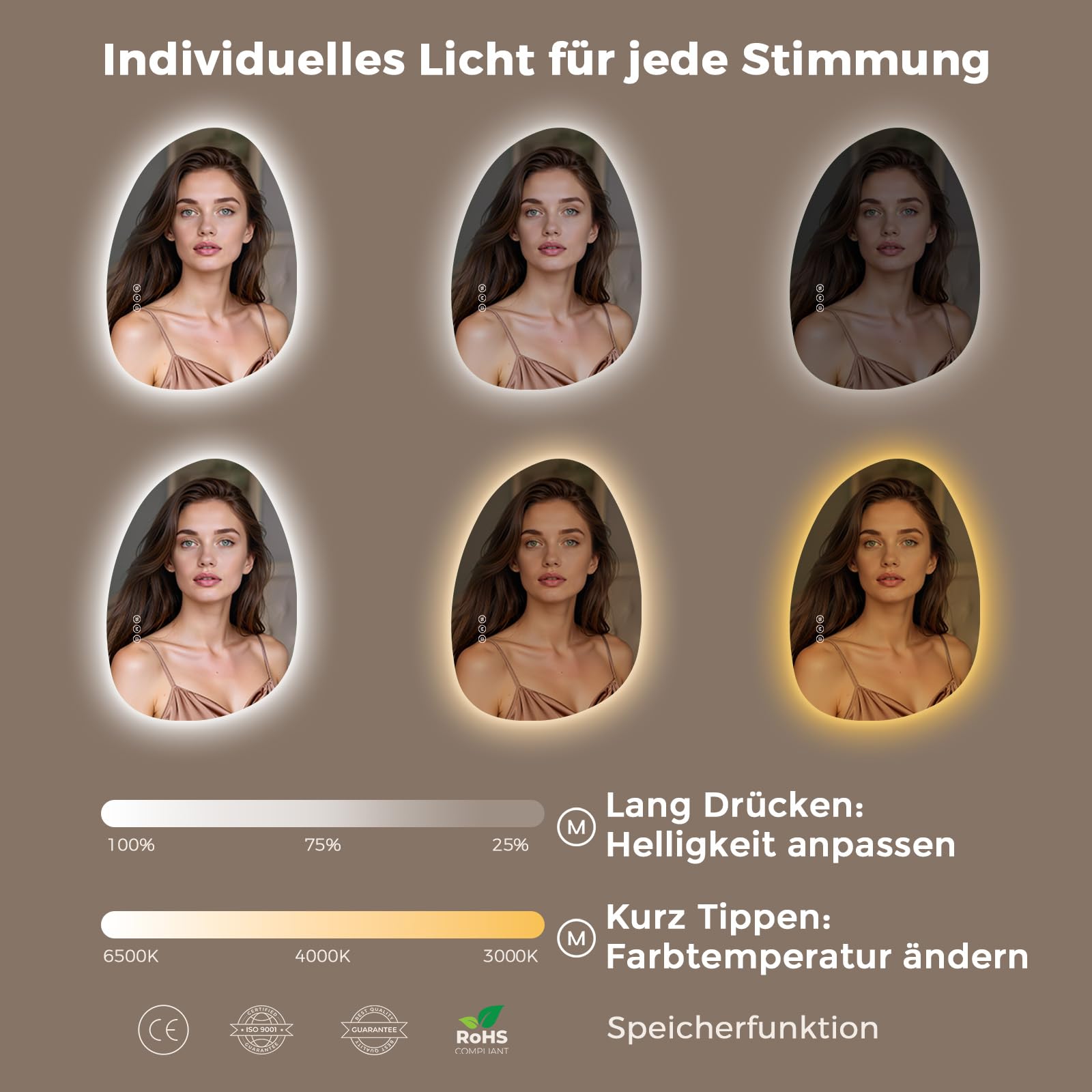 S'AFIELINA badspiegel asymmetrisch mit Beleuchtung 75x55, LED Badezimmerspiegel Dimmbar, Anti-Beschlag, 3 Lichtfarben, Organischer Wandspiegel für Bad Flur Gäste-WC, IP44, Memory, Horizontal/Vertikal
