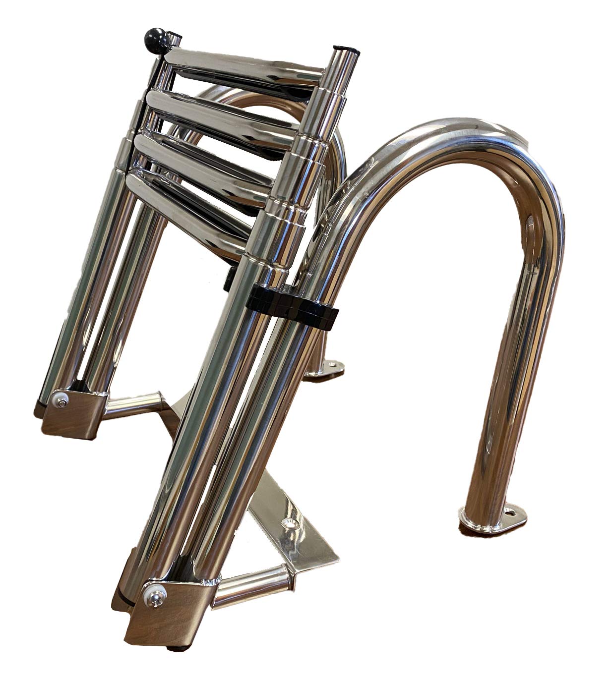 Class A Customs 4 Step Pontoon Boat Ladder, Foldable Premium 304 Stainless Steel Marine Yacht Ladder/Swim Deck Ladder with Pedal Hand Railing,Slip-Proof Plastic Tread, Retaining Strap