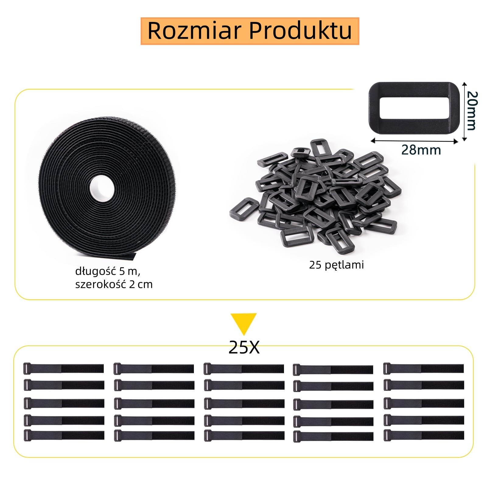 Taśmy Wielokrotnego Użytku na Rzepy, 2CM x 5M Rolka z 25 Pętlami, Regulowane Paski do Kabli z Pętlami, Taśma z Haczykiem do Przycięcia na Wymiar, do Zarządzania Kablami i Przechowywania