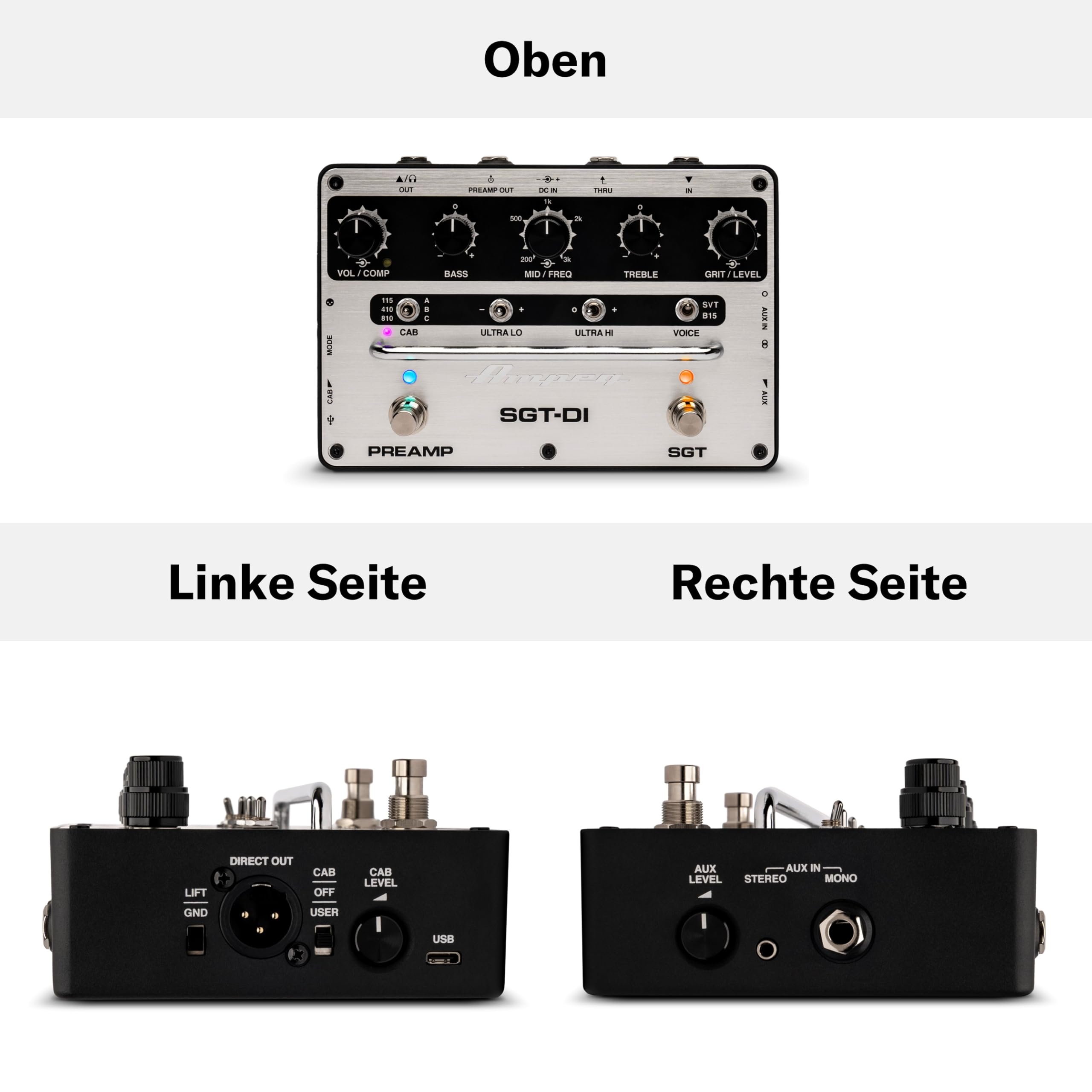 AMPEG SGT-DI Bass Preamp – Fußschaltbarer Ampeg-Preamplifier mit SVT/B15-Voicings, IR Loader, 3-Band-EQ mit durchstimmbaren Mitten, Kompressor und Ultra-Hi/Ultra-Lo-Schaltern – Silber Schwarz