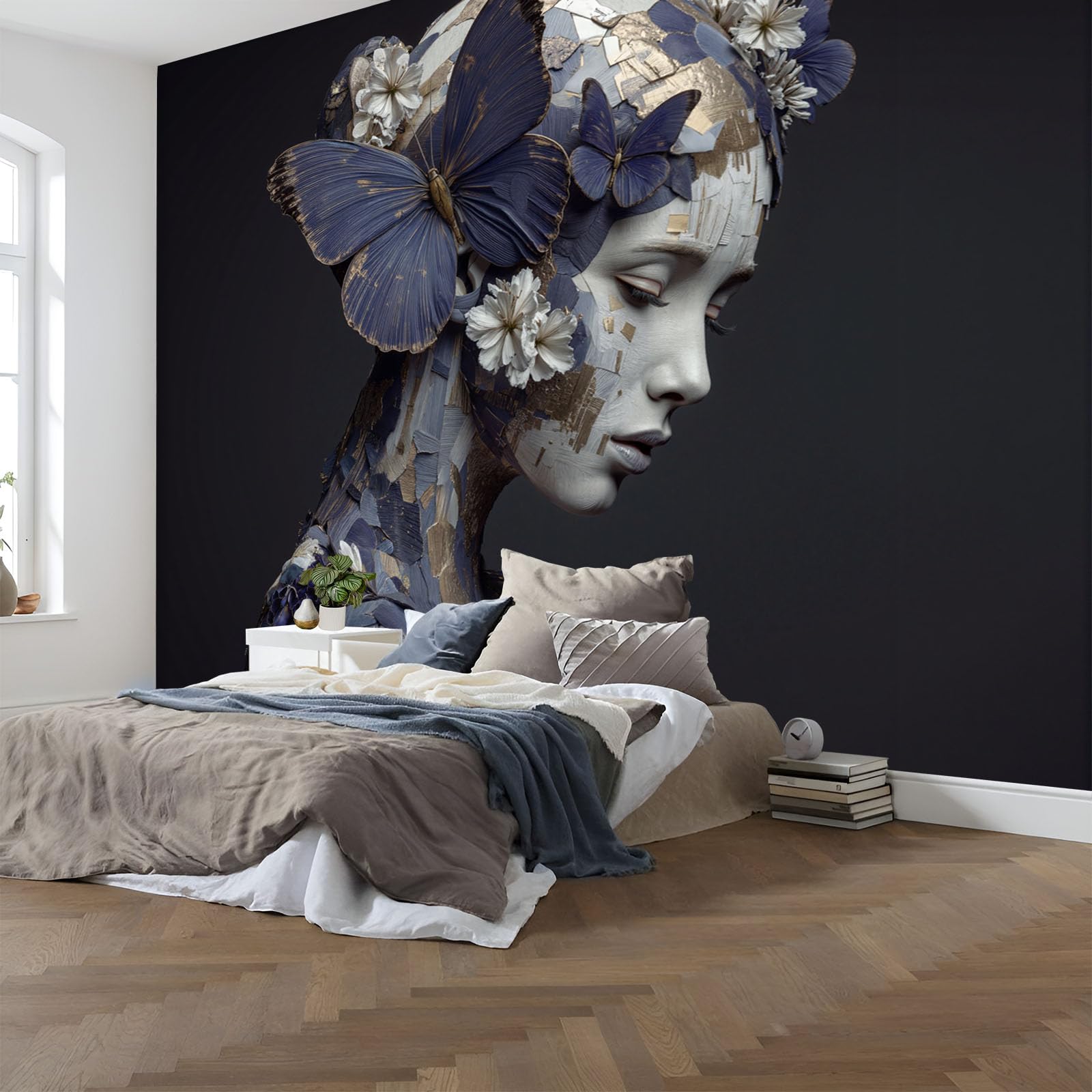 Papier Peint Panoramique Rétro Portrait 400x280cm, Fille Au Tableau Papillon Fleur Sauvage Huile Papier peint photo soie, Bleu Gris Murales Poster soie - pour Salon Chambre à Coucher Décor Fond TV