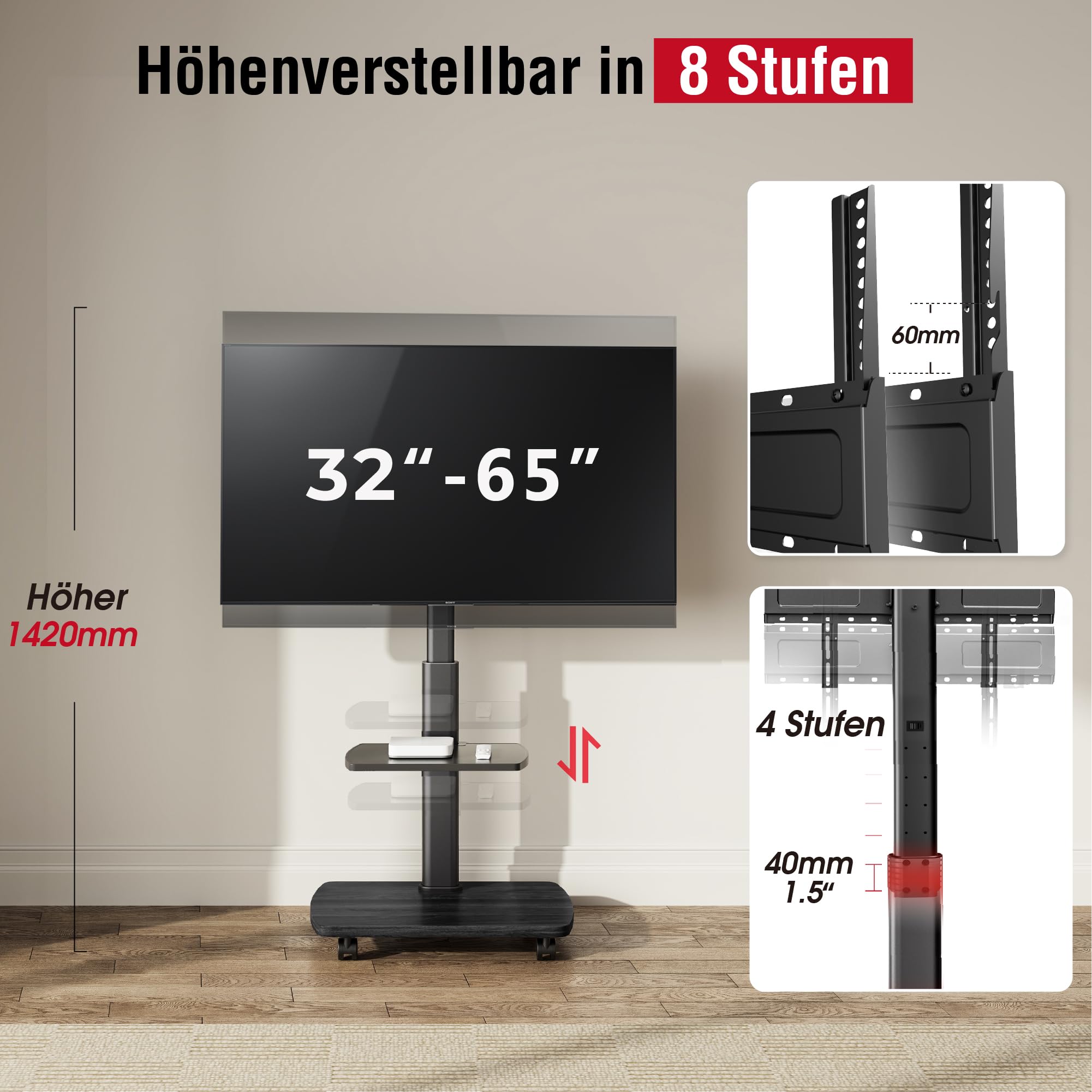 AOKCOS TV Ständer Rollbar mit Holzablage Regal, Fernsehständer auf Rollen für 32-65 Zoll, bis 40 kg, VESA 400x400mm (Schwarz)