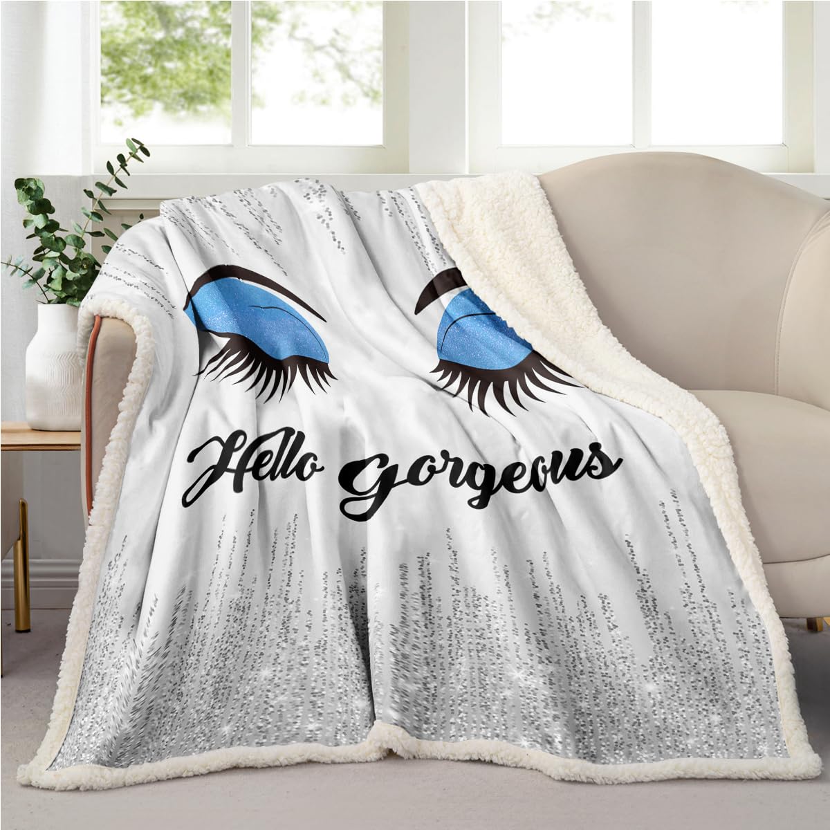 Aqua Blue Eyelashes Sherpa Blanket Gift for Girls Kids, Black Background Colorful Warm Yielding Skin-Friendly Super Soft Knee Throw Blanket, Breathable and All-Season 50"x60"