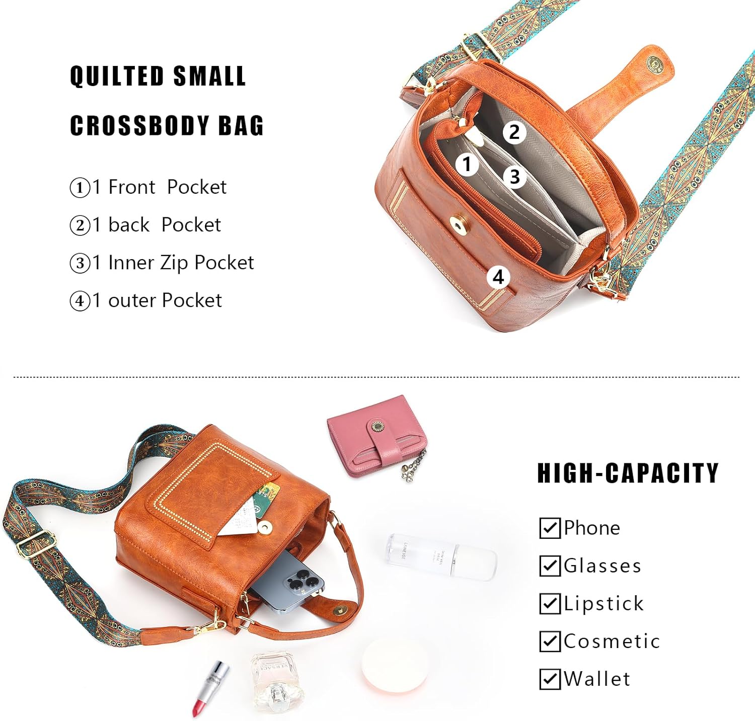 Women's Small PU Leather Crossbody Bags,Travel Purses Shoulder Handbags with Front Pocket Black