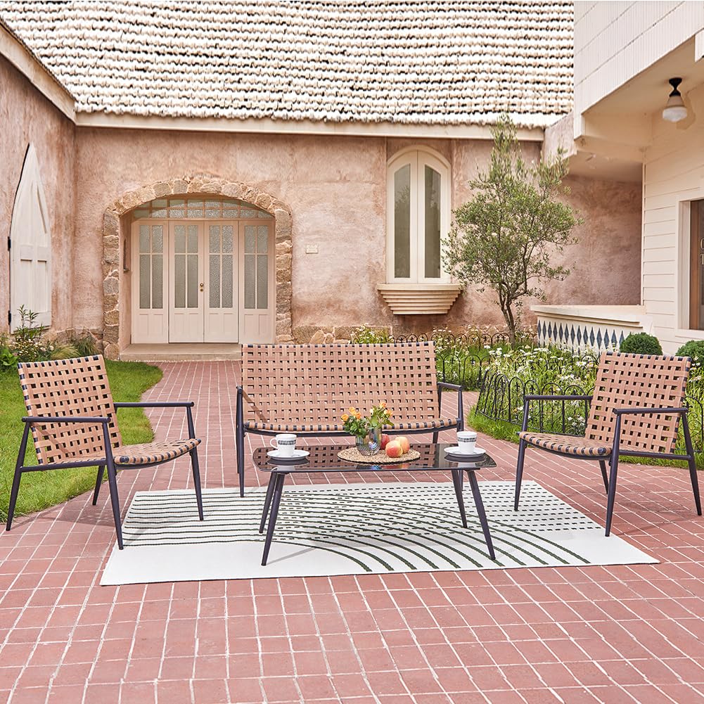 Shally Dogan Set Patio 4 Pezzi da Giardino con Seduta Design Intrecciato in Polyrattan e Tavolo con Piano Vetro, Salotto da Esterno, Salottino per Bar, Ristorante, Patio, Bistrot, Terrazzo (4 Posti)