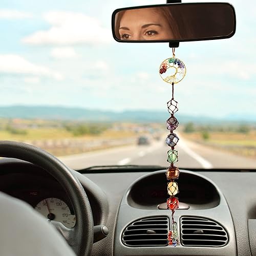 Miniatura 9 de Árbol de la vida piedras de chakras hechas a mano cristales curativos Feng Shui adorno colgante de 7 chakras ventana de pared espejo de automóvil