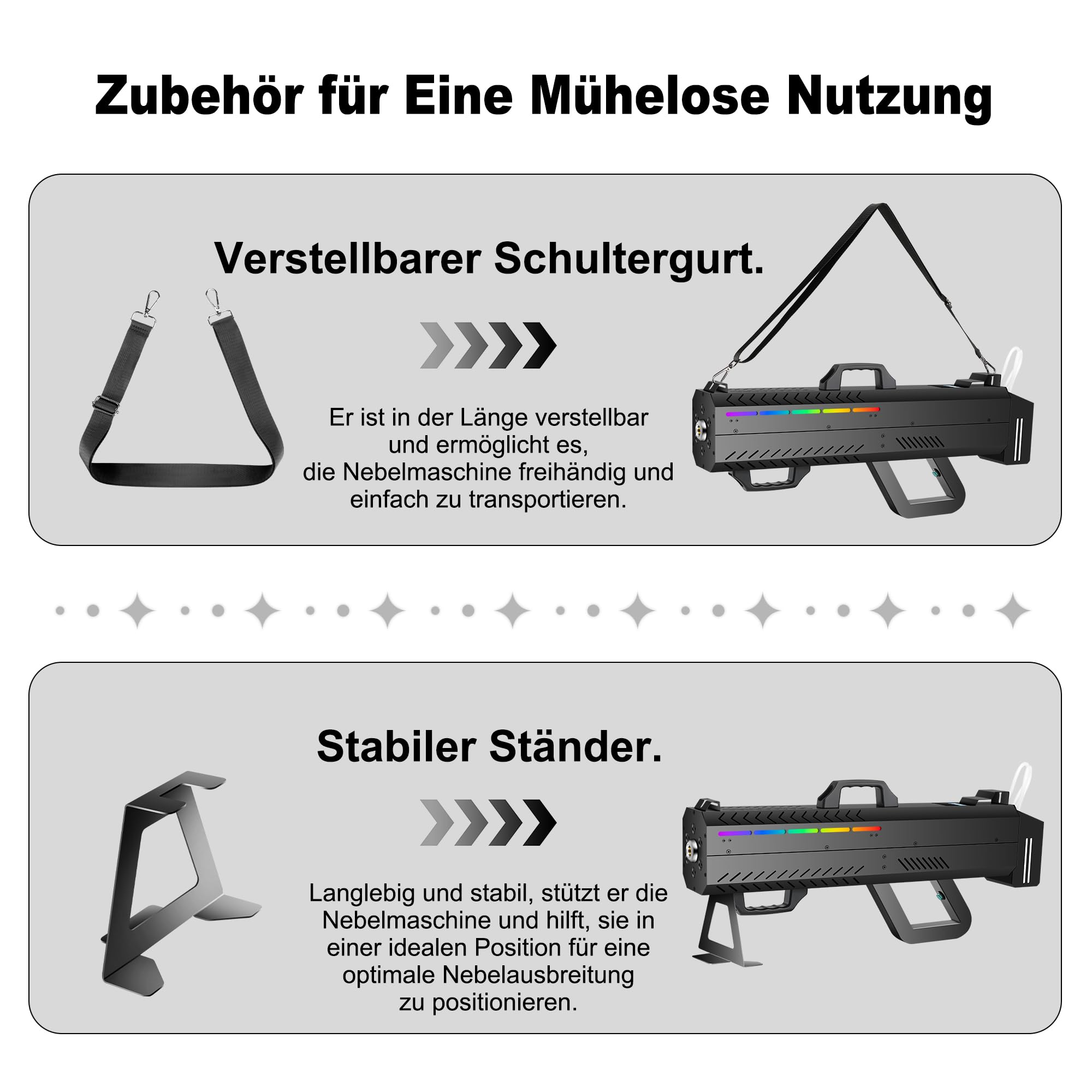 Telbum Nebelmaschine 1500W Party Gun mit 6 LEDs, Handheld Nebelmaschine mit Ständer/Gurt Dual Use, Timerfunktion, Fog Machine für Halloween Party, DJ Disco Bühne Hochzeit