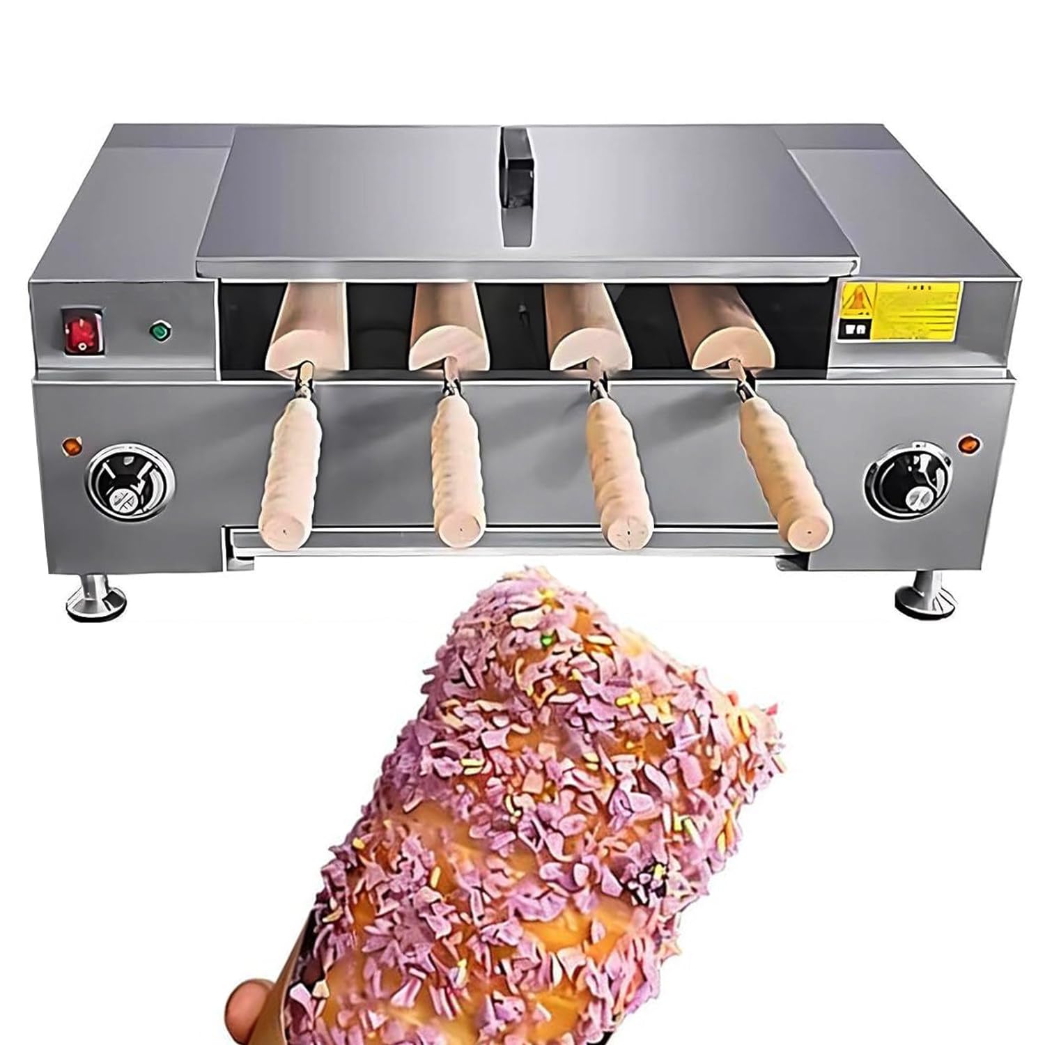 Four Professionnel à GâTeau CheminéE en Acier Inoxydable 3000w, Machine De Cuisson avec 4 Moules Coniques, pour PréParer des Cornets De Glace, Toasts
