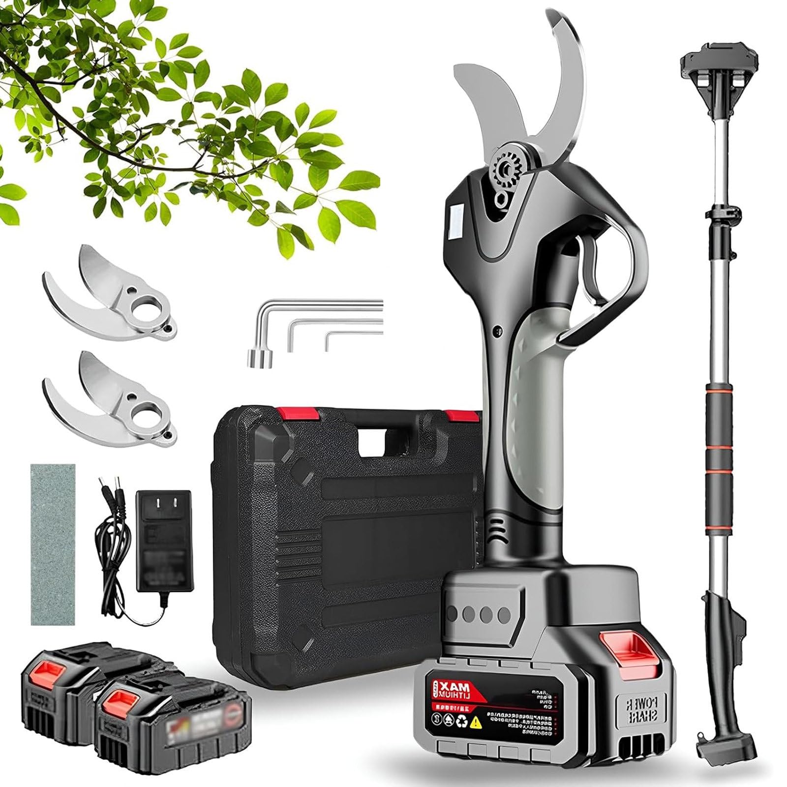 Tijeras De Podar Telescópicas, Eléctricas E Inalámbricas De 50mm con Pértiga De 1.3-2.1M Y 2 Baterías De 4500 Mah, Ideales para Viñedos, Olivos Y Jardinería.