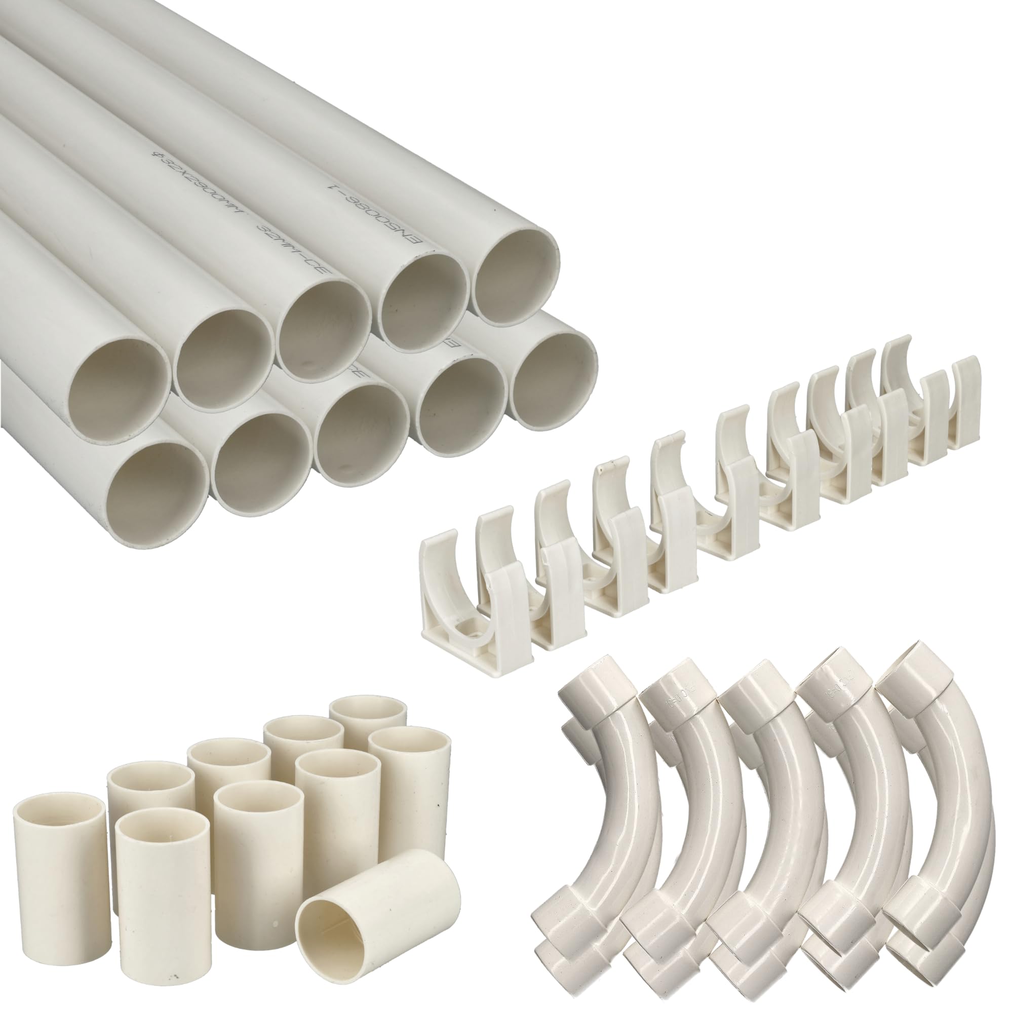 Jandei - Lot de 10 tubes pour câbles PVC rigide blanc longueur 1 mètre diamètre 32 mm. Gaine de câble avec agrafes de fixation, manchons et courbes de raccordement.