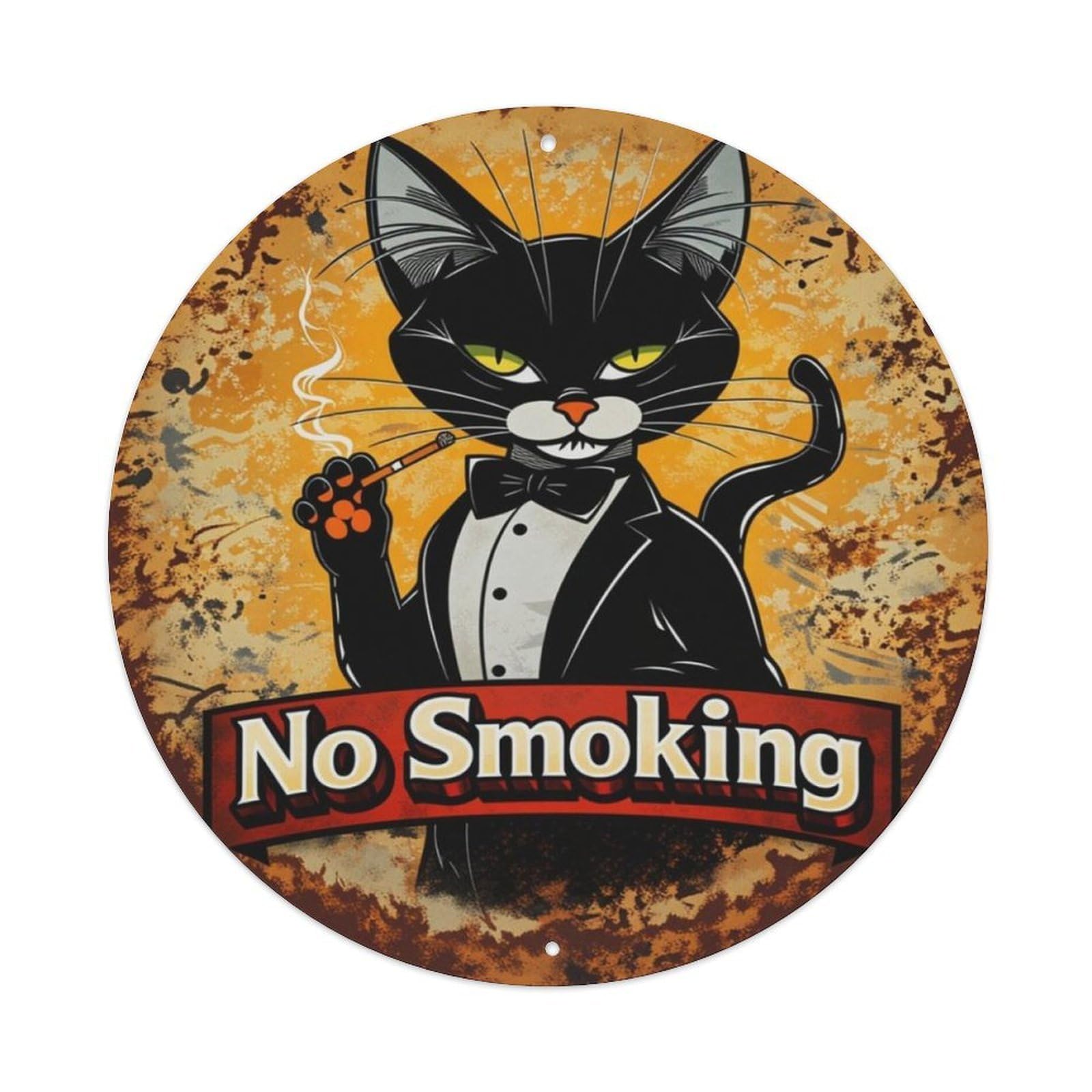 Vintage Rust Gentleman Black Cat No Smoking Round Metal Sign Vintage Aluminium Metal Sign, Retro Wall Decor for Home, Bar, Garage & Farmhouse 20x20cm