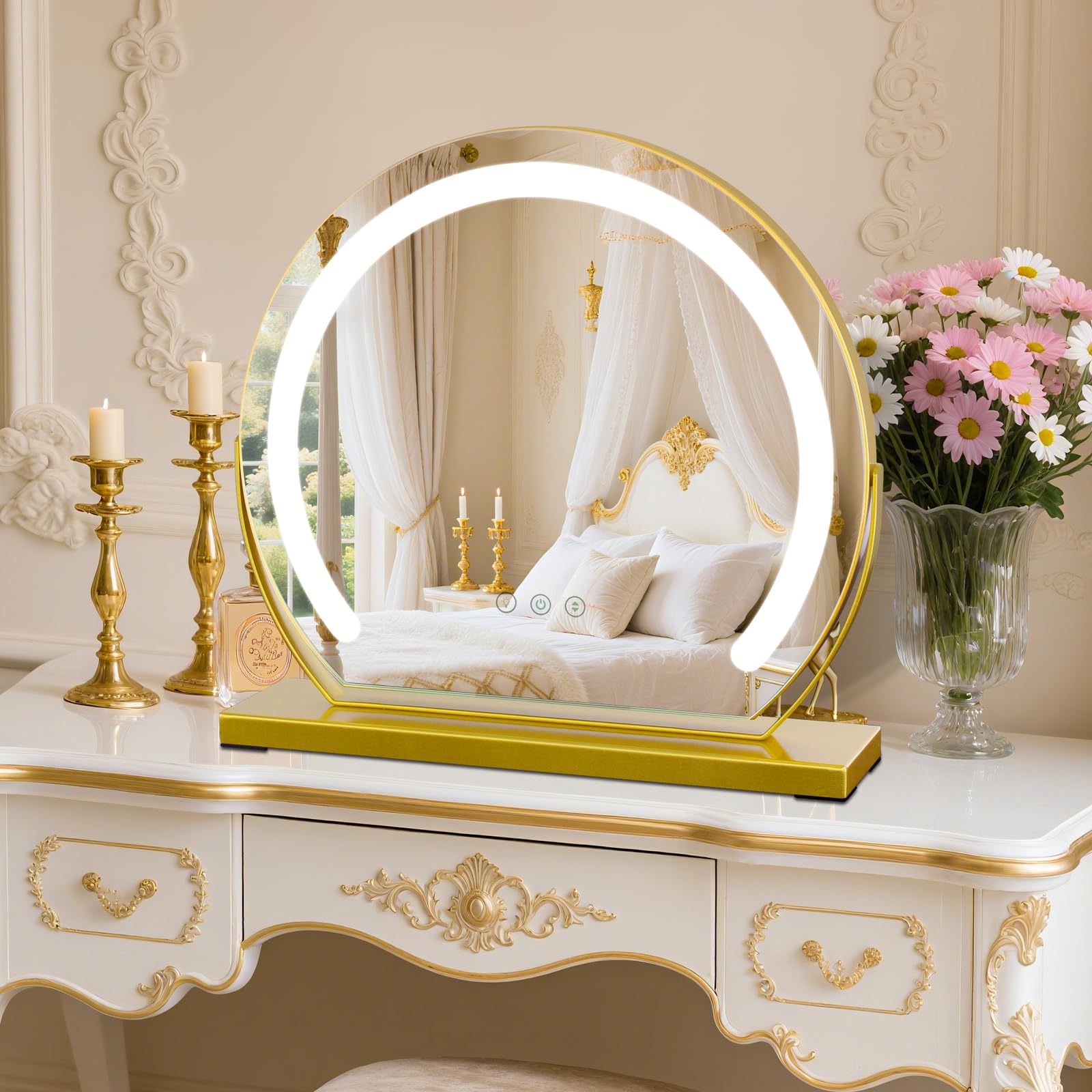 Tischspiegel Kosmetikspiegel mit Beleuchtung Schminkspiegel mit Licht 3 Farbtemperatur Verstellbares 360° Drehung 40x40cm 9W Touch Steuerung Plug-in Makeup Spiegel für Zuhause Gold