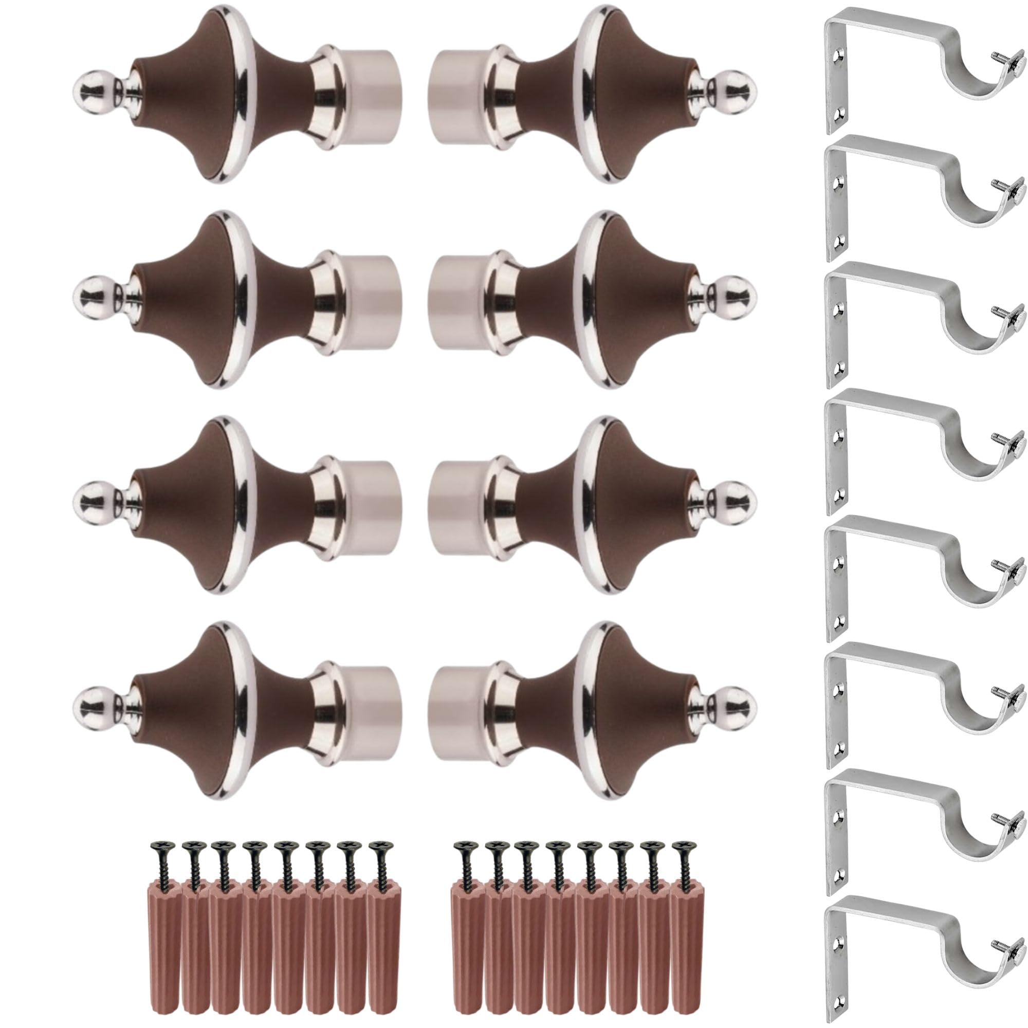 GRIVAN Stainless Steel & ABS Curtain Bracket Parda Holder with Support 1 Inch Rod Pocket Finials Designer Door and Window Rod Support Fittings, Curtain Rod Holder (Pair of 4, Dark Brown )-image-11