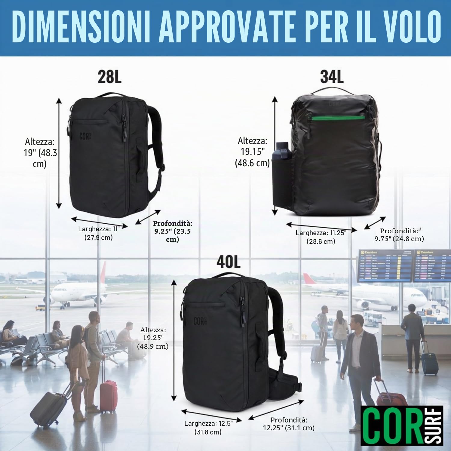 COR Surf Zaino da viaggio per laptop approvato da volo, zaino da viaggio per lavoro e weekender, per uomini e donne, Nero con cerniera nera, 34L, Con cerniera