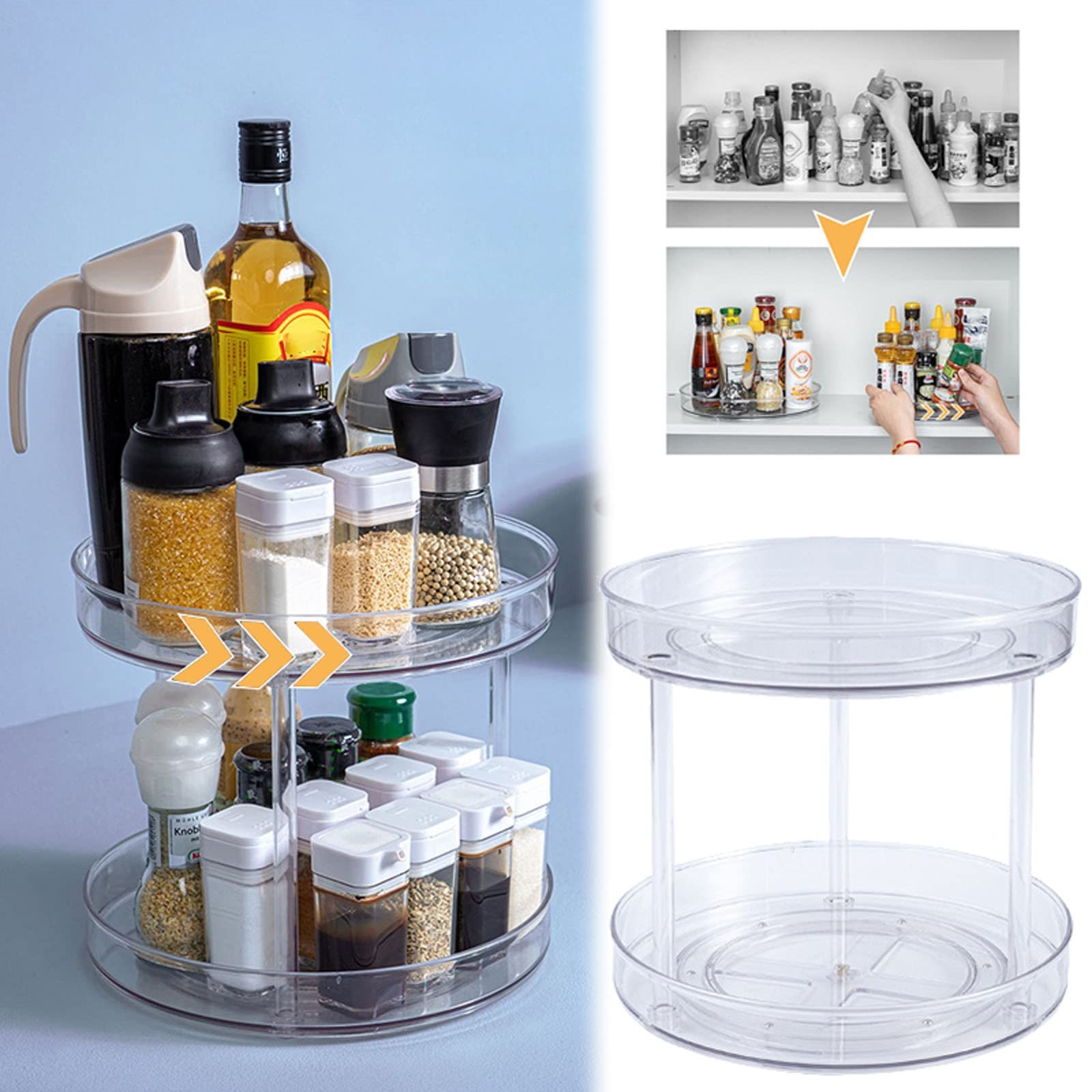 Bandeja giratoria de plástico de 2 niveles para tocadiscos, organizador giratorio para baño, encimeras, debajo del fregadero, armarios, aparadores, transparente 061311