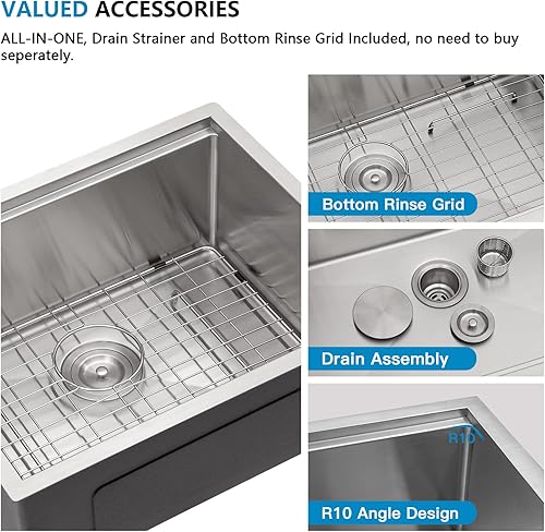 Miniatura 7 de Fulorni - Fregadero de barra de montaje inferior 23 pulgadas x 19 pulgadas, estación de trabajo de acero inoxidable calibre 16, fregadero de cocina