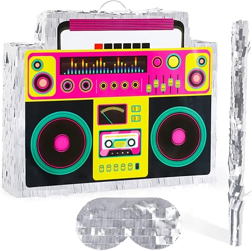 Waenerec Piñata Boombox con palillo de piñata y lazo para colgar, estilo retro de los años 90, hip hop, juego de piñata mexicana para fiesta de