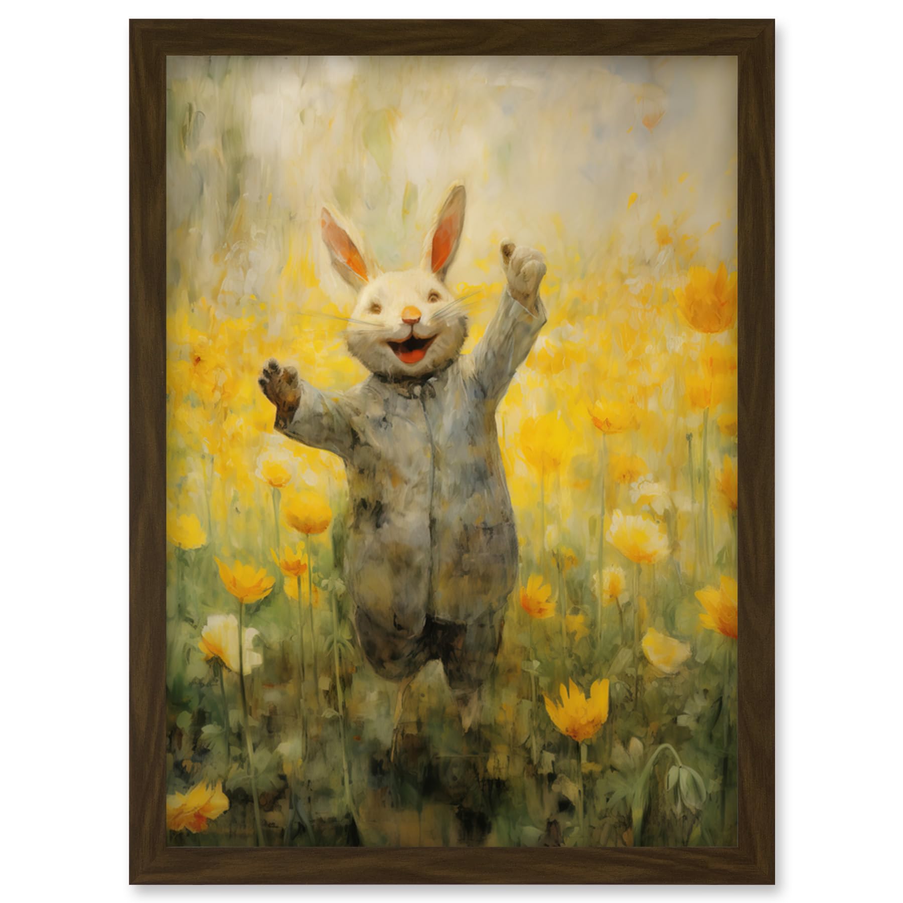 Artery8 Tulips and Rabbit Watercolour Fun Kids Baby Nursery Artwork Framed Wall Art Print A4