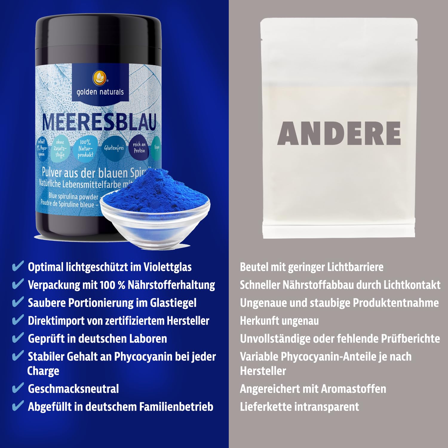Golden Naturals Blue Spirulina 100 g, rein ohne Zusätze, blaue Mikroalge mit Phycocyanin, natürliche Lebensmittelfarbe