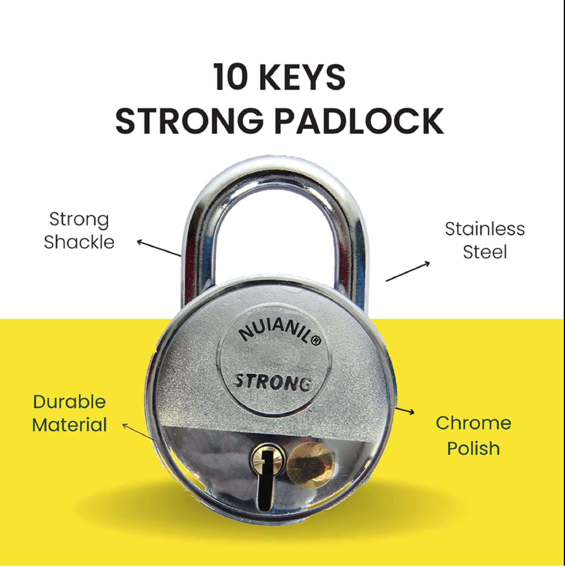 Steel keyed Padlock with 10 Original Keys “Pack of 1 with 10 Keychains”,Silver — Amazon image 5