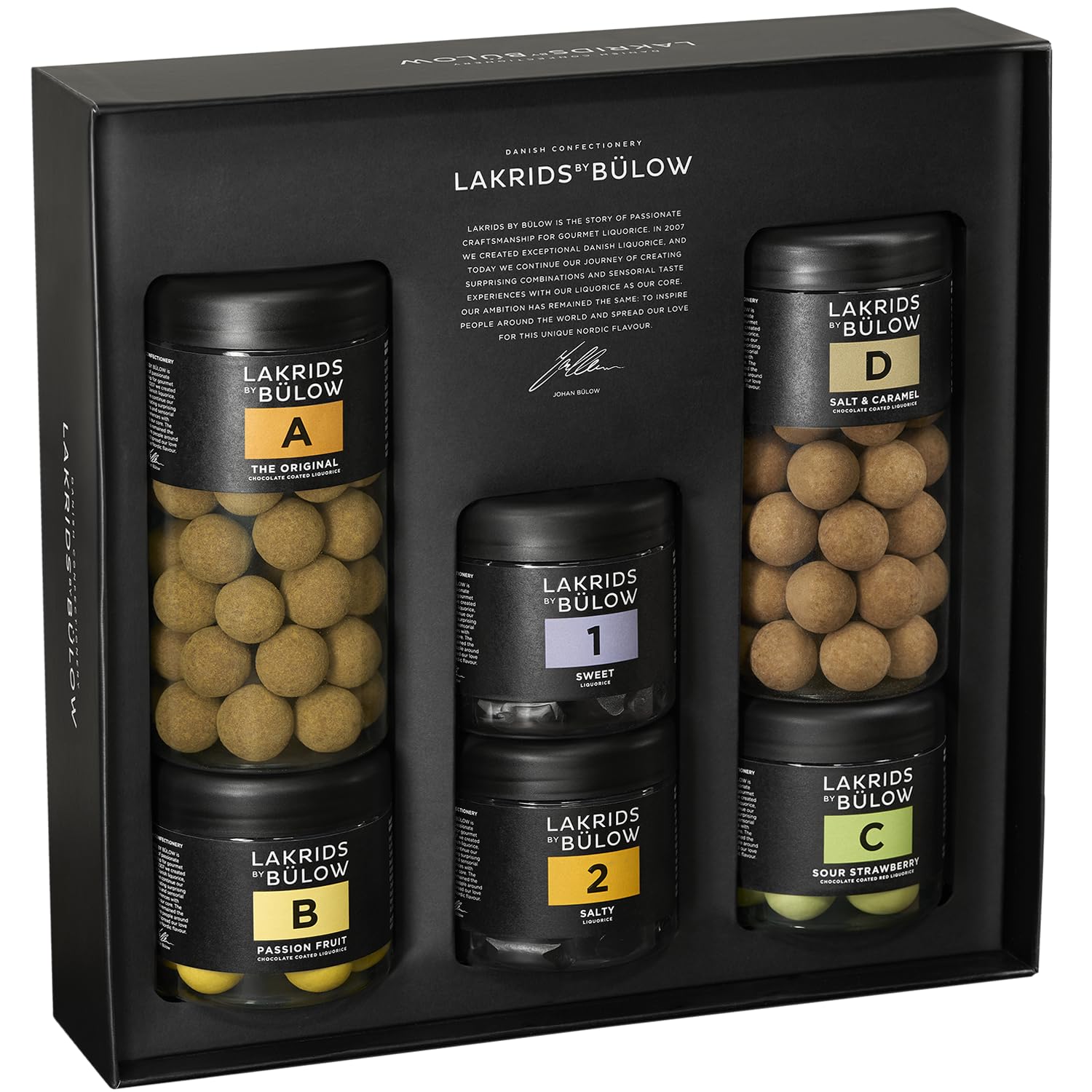 LAKRIDS BY BÜLOW - Geschenkbox 6er Set - A (The Original) + B (Passion Fruit) + C (Sour Strawberry) + D (Salt & Caramel) + 1 (Sweet) + 2 (Salty)
