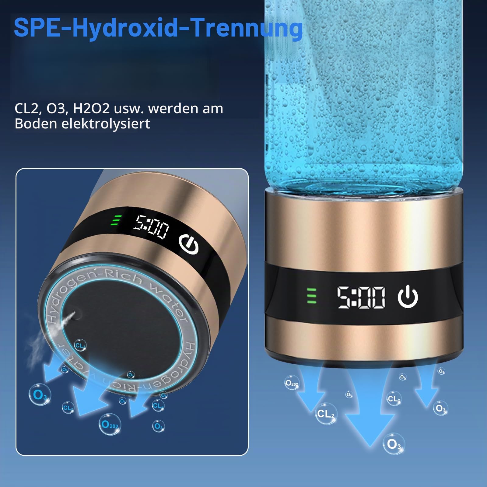 Wasserstoff-Wasserflasche Generator mit PEM-Technologie, Digitalanzeige, H2-Konzentration bis 6,85 PPM, 2025 Neu, Gold