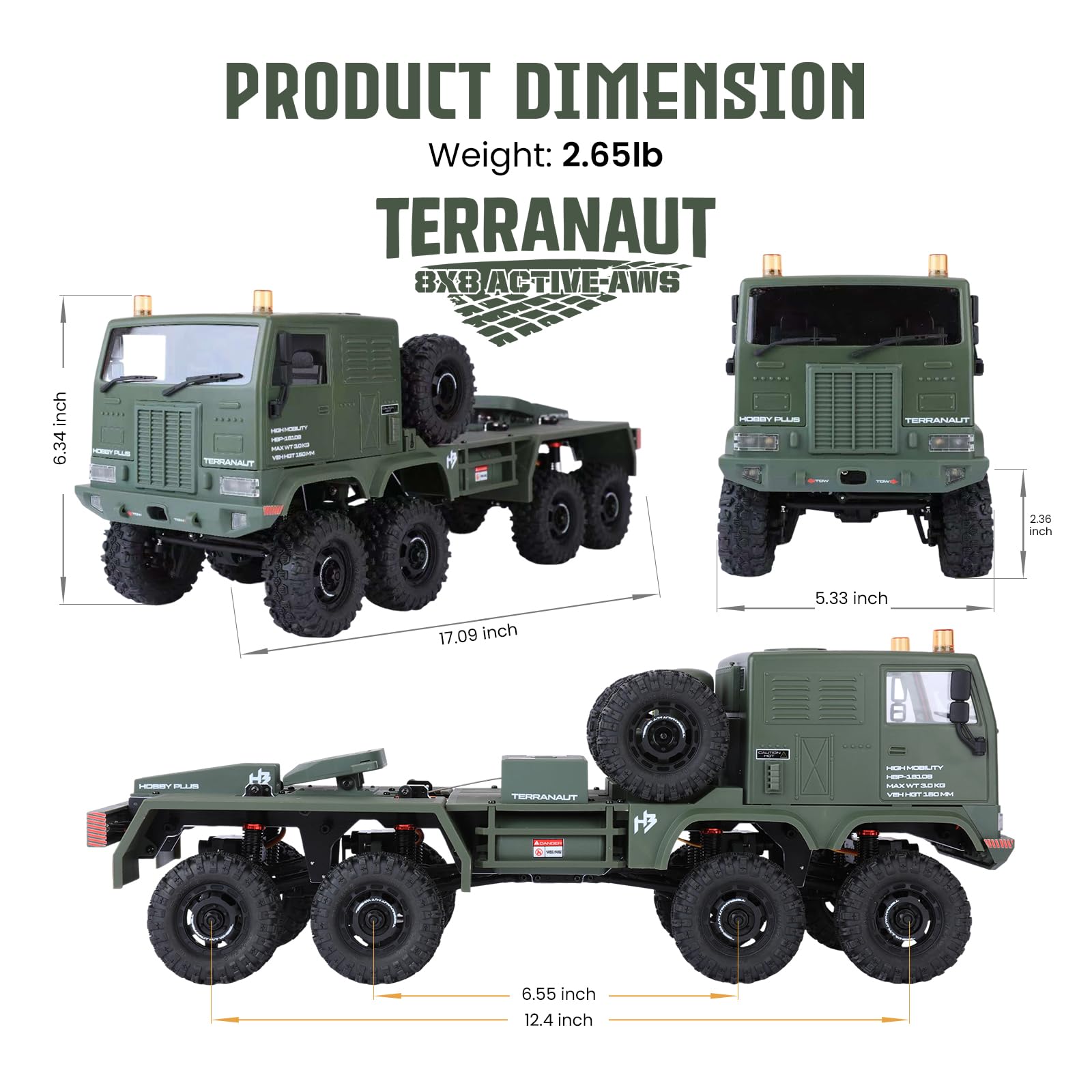 HobbyPlus 1/18 RC Crawler CR18P Terranaut 8x8 RC Truck Coche teledirigido con bloqueo completo 8WD RTR Dirección activa en las cuatro ruedas, transmisión de 2 velocidades, cabrestante de salvamento