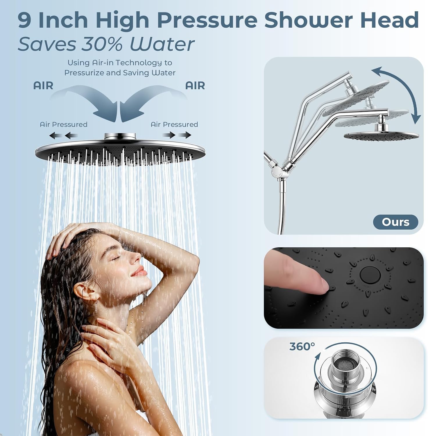 9" Rain Shower Head w/Handheld Combo, Slide Bar, Chrome image 3