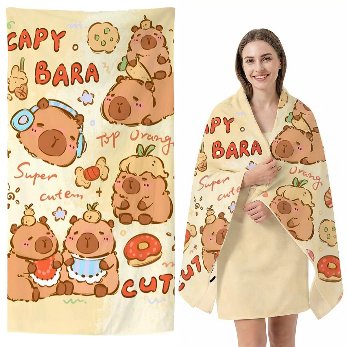 WFKKMEQ Capybara Beach Towel, Quick Dry Microfibre Towels Super Absorbent Sandproof Beachs Bath Towels Pool Towel SwimmingTowel Lightweight Printed BeachTowels for Bath Camping Swimming(75 * 150CM)