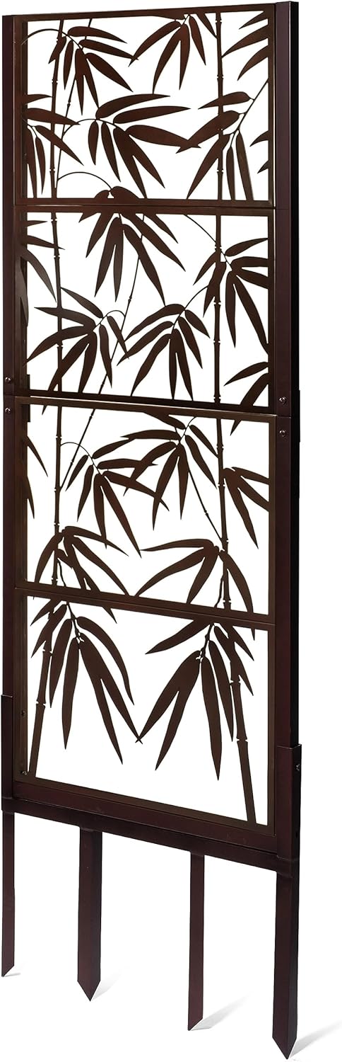 H Potter Freestanding Garden Trellis with Ground Stakes – 82" Metal Privacy Screen Panel, Outdoor Fence for Climbing Plants, Patio, Deck, Backyard Divider, Bamboo Design