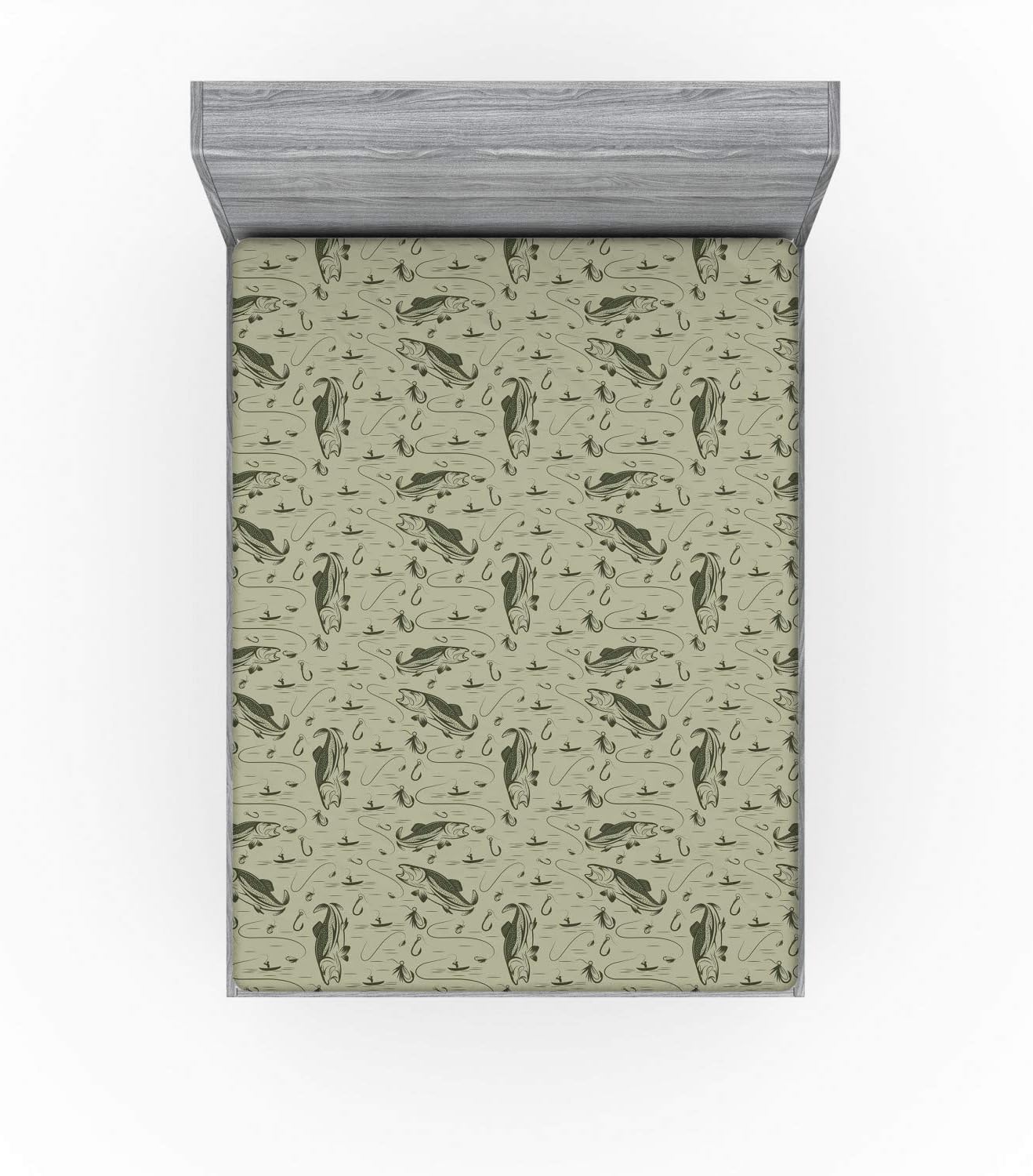 Ambesonne Fishing Fitted Sheet, Hobby Concept Pattern with Fisherman on Boat Catching Trouts with Rot and Hook, Soft Decorative Fabric Bedding All-Round Elastic Pocket, Queen Size, Dusk Green