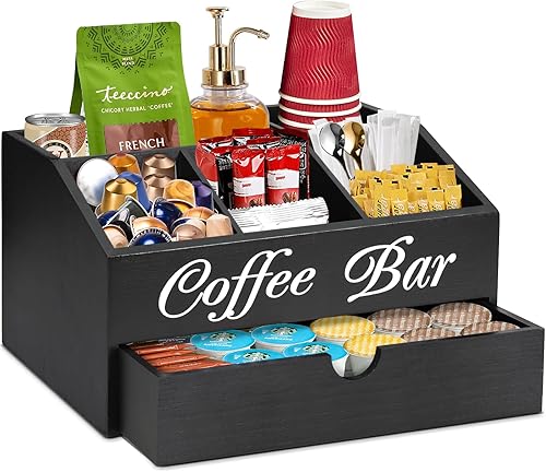 Organizador de barra de café, organizador de accesorios de barra de café de madera con cajón, organizador de estación de café, cesta de
