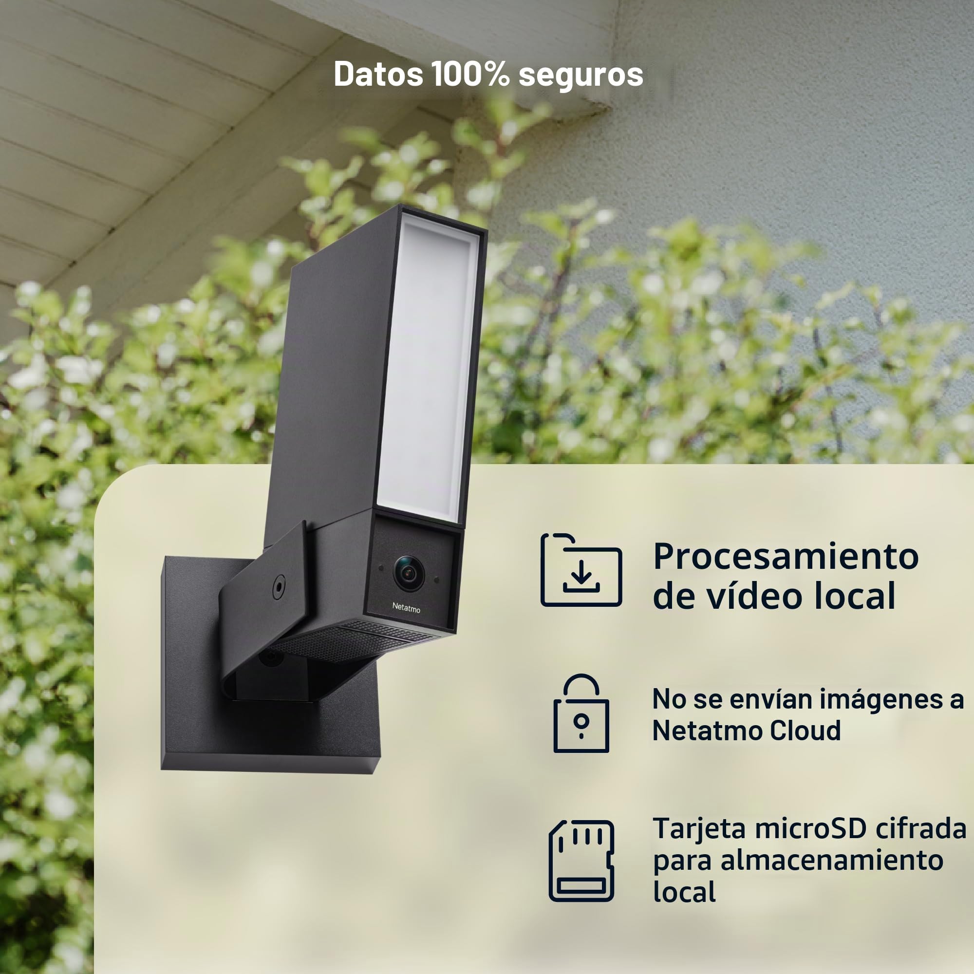 NETATMO Cámara de Vigilancia Exterior. WiFi 5 GHz, 2K HDR, Detección IA Personas/Vehículos/Animales, Proyector LED 12 W, Sirena Integrada 105 dB, Almacenamiento Local, Sin suscripción, Negra﻿, NOC-2-A