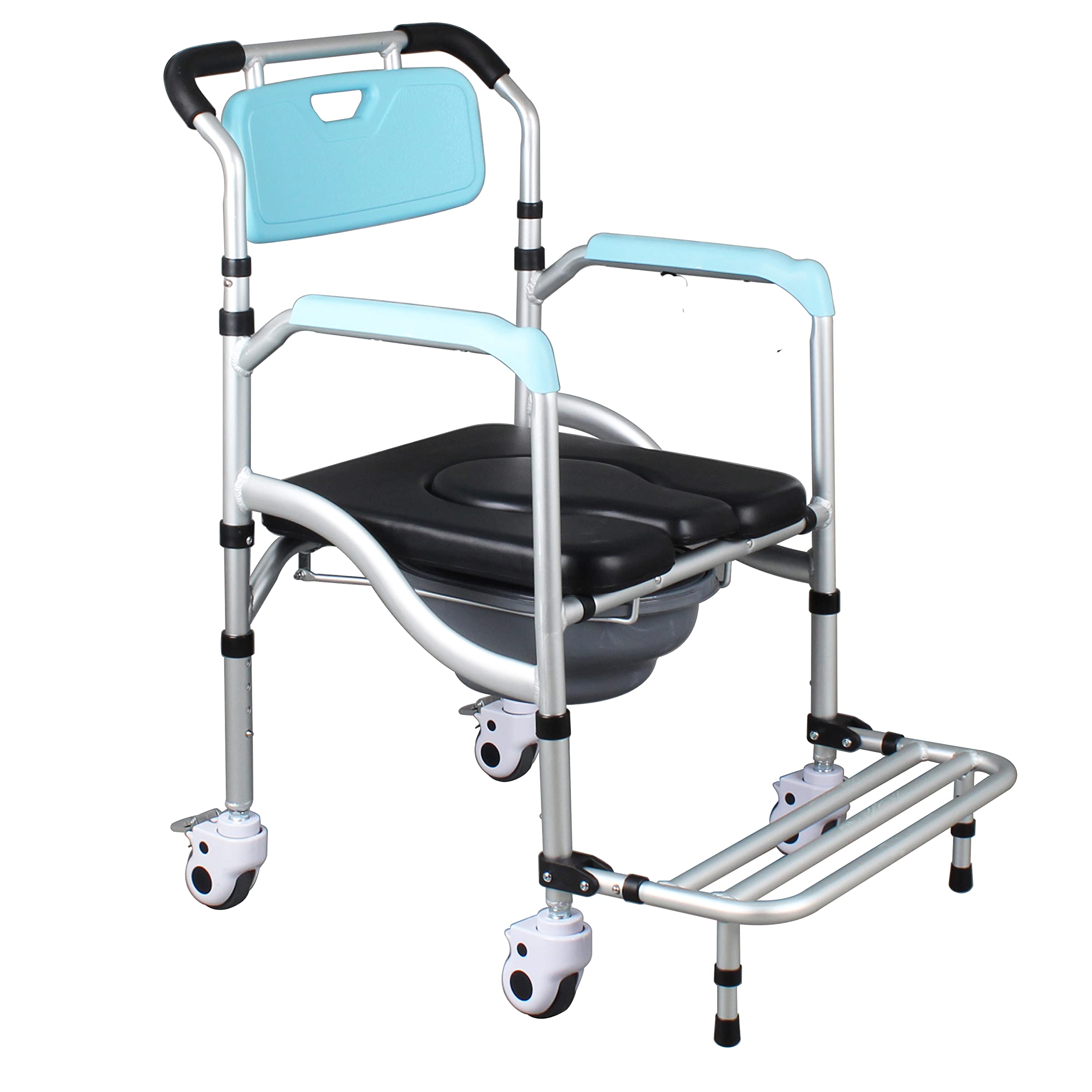 Toilet Commode shower Wheelchair foldable, Height adjustable Multifunctional Rolling bath Commode Chair & Removable Toilet, Bath Chair Folding Pedals & Universal Wheels, Elderly & Disabled