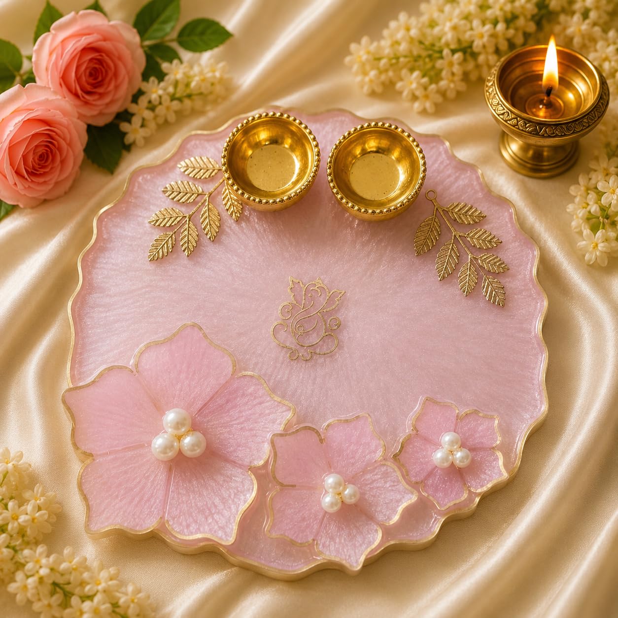 Handmade 6 Inch Resin Pooja Thali with 2 Roli Chawal Holder | Decorative Puja Thali for Diwali, Rakhi, Karwa Chauth & Home Temple | Premium Resin Plate with 3D Floral Design (Pink)-image-45