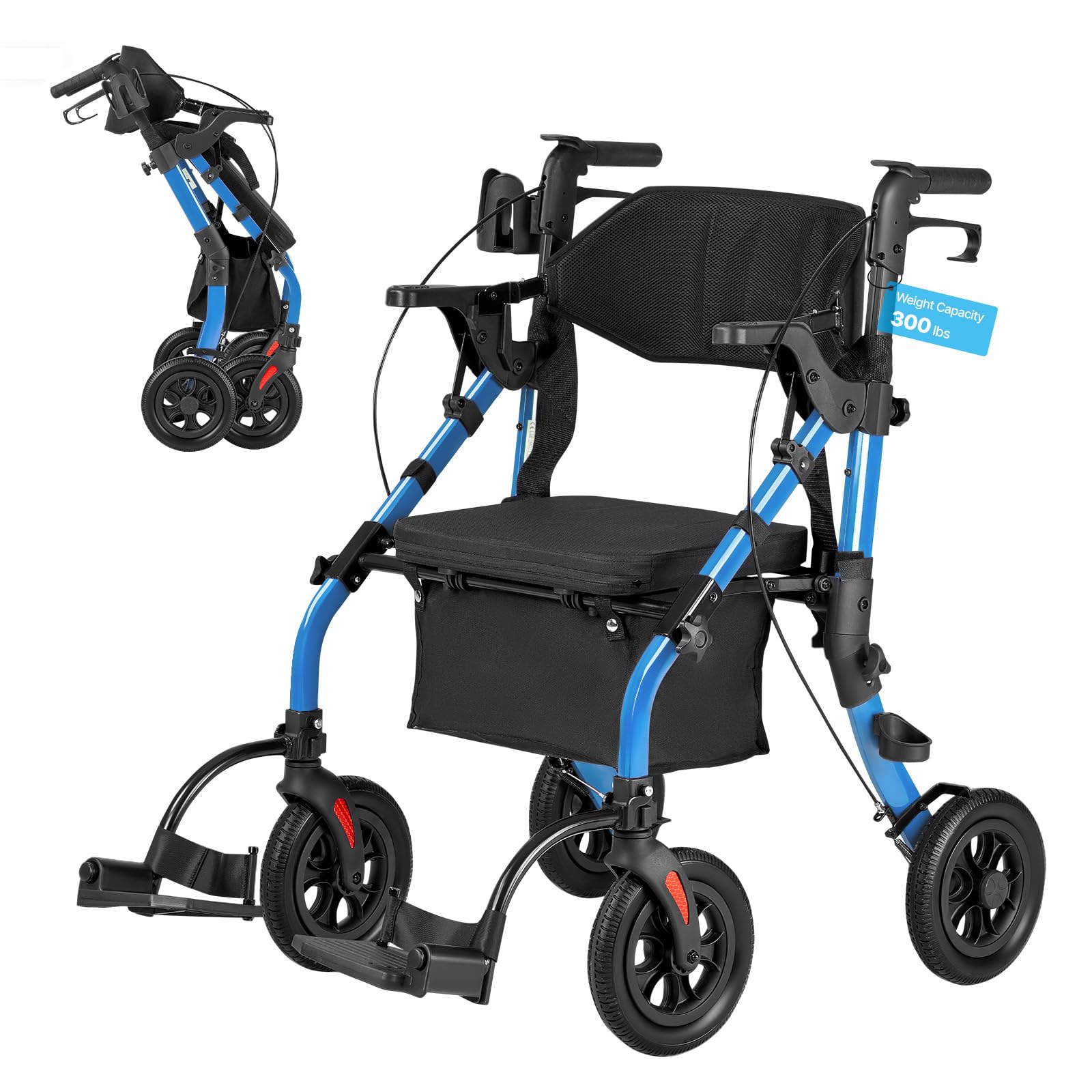 VEVOR Déambulateur 4 Roues Rollator 4 Roues Pliable Fauteuil de Transfert 2 en 1 pour Personnes Âgées Seniors 136 kg, avec Cadre en Alliage Aluminium, Roulettes PU, Porte-​gobelet, Porte-​canne, Bleu