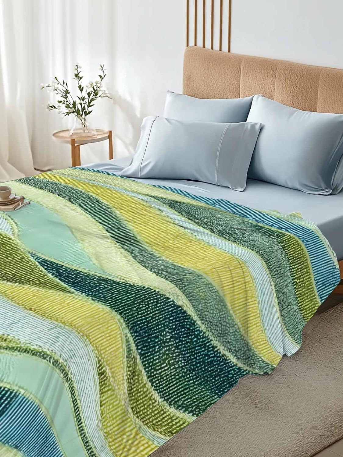 Top Sheet Full Bedding Flat Sheet Only, Vintage Gradient Green Yellow Waves Microfiber Bed Sheets Soft Breathable Bedding Flat Sheets, Abstract Ombre Blue Hotel Luxury Top Sheets