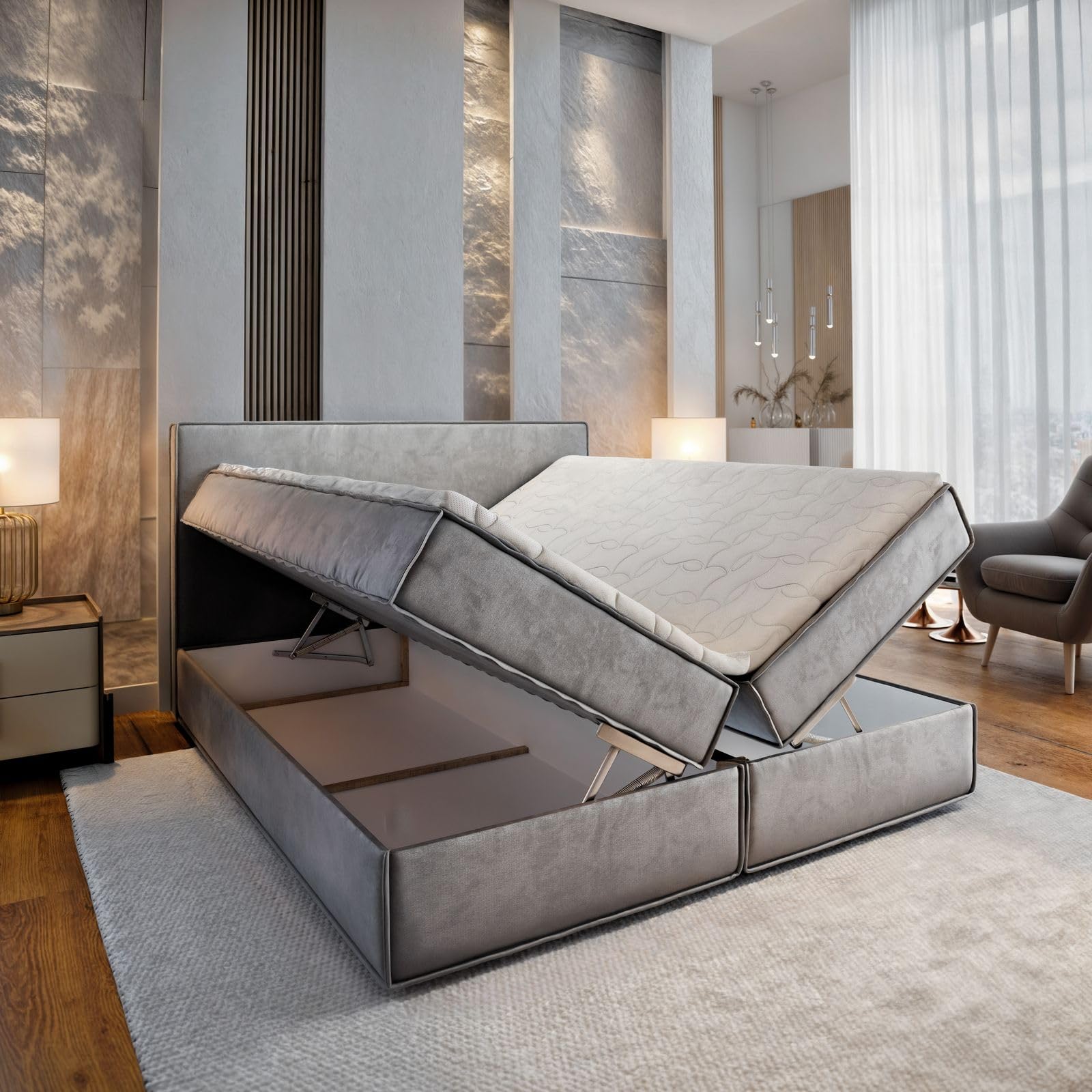 Masseno Boxspringbett PELLIO 180x200 cm Komplett-Set mit Matratze und Topper, Polsterbett mit Zwei Bettkästen -Creme, Monolith 04