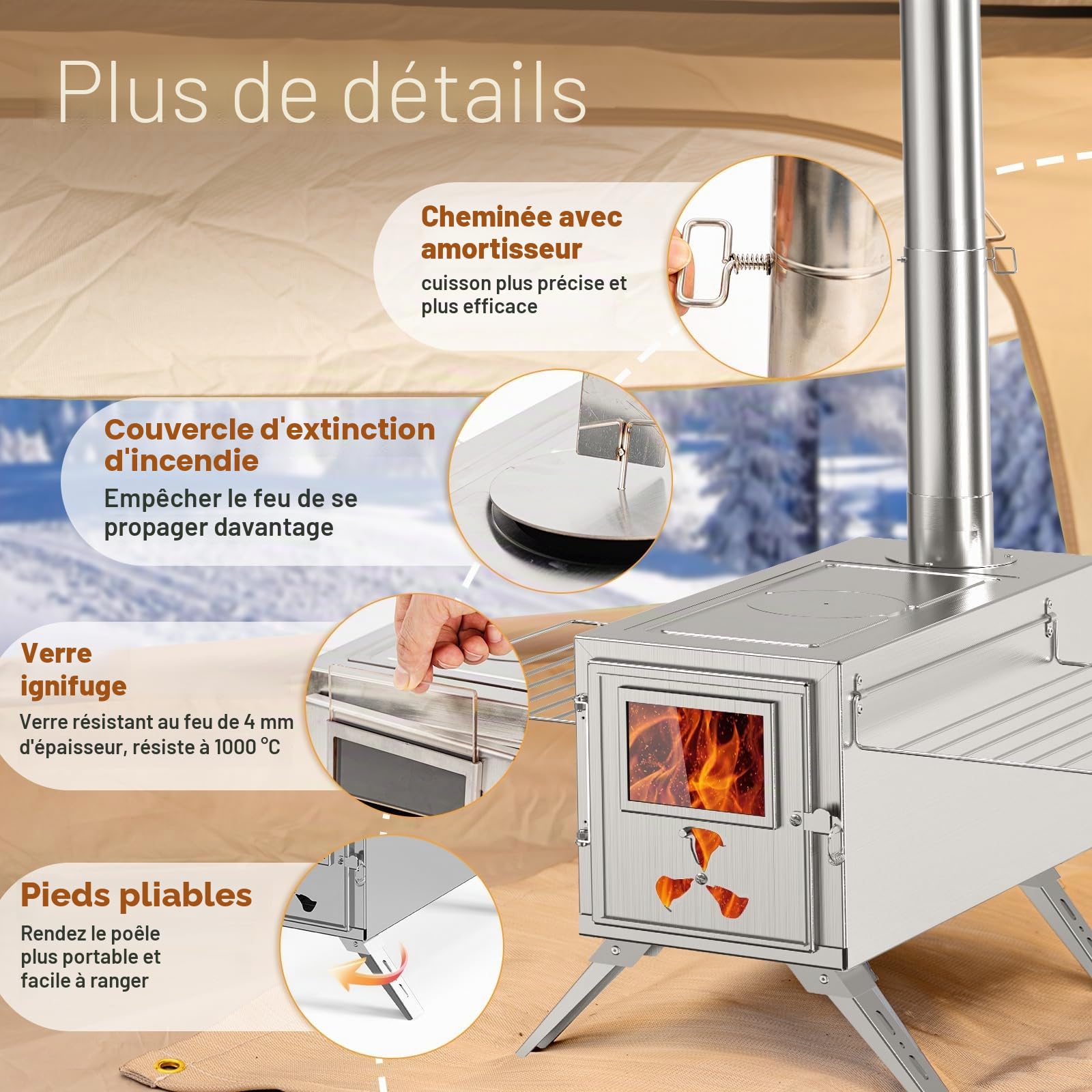 MOPHOTO Réchaud à bois de camping avec 7 tuyaux de cheminée en acier inoxydable et pare-étincelles, chauffage extérieur, cuisine, pêche sur glace, chasse (38 x 20 x 22 cm)
